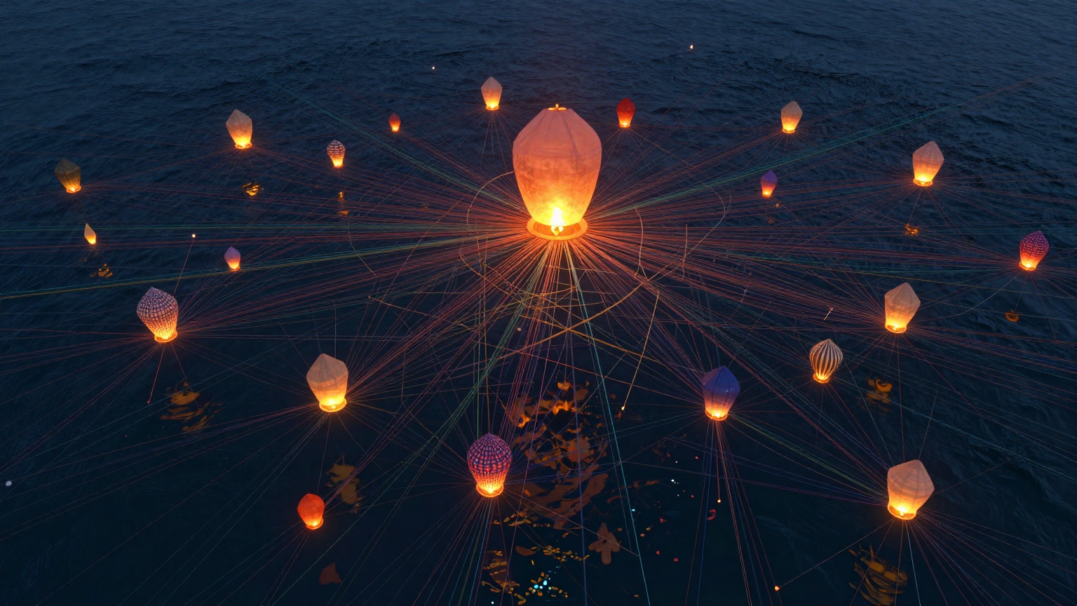 A vast, interconnected web of colorful threads stretches across an endless sea, each thread holding delicate, floating lanterns that represent individual races; some brightly lit, others dimming, symbolizing the uncertainty of the 2026 U.S. (AI illustration)