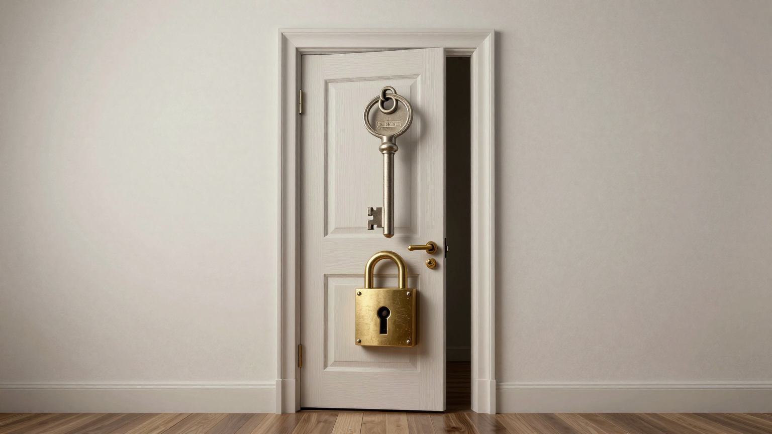 A solitary key floats above a locked door set into an endless white wall, symbolizing the barrier Texas Governor Abbott has erected to prevent State Senator Hinojosa from accessing Musk's emails. (AI illustration)
