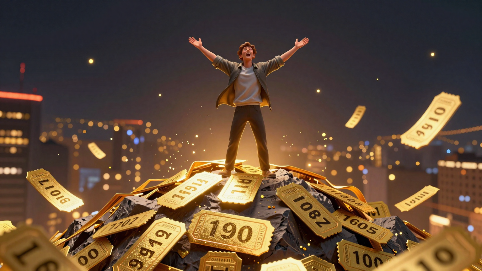 A jubilant figure stands atop a mountain of golden tickets and sparkling numbers, arms outstretched against a backdrop of twinkling city lights, symbolizing the joy and transformation brought by the lottery win. (AI illustration)