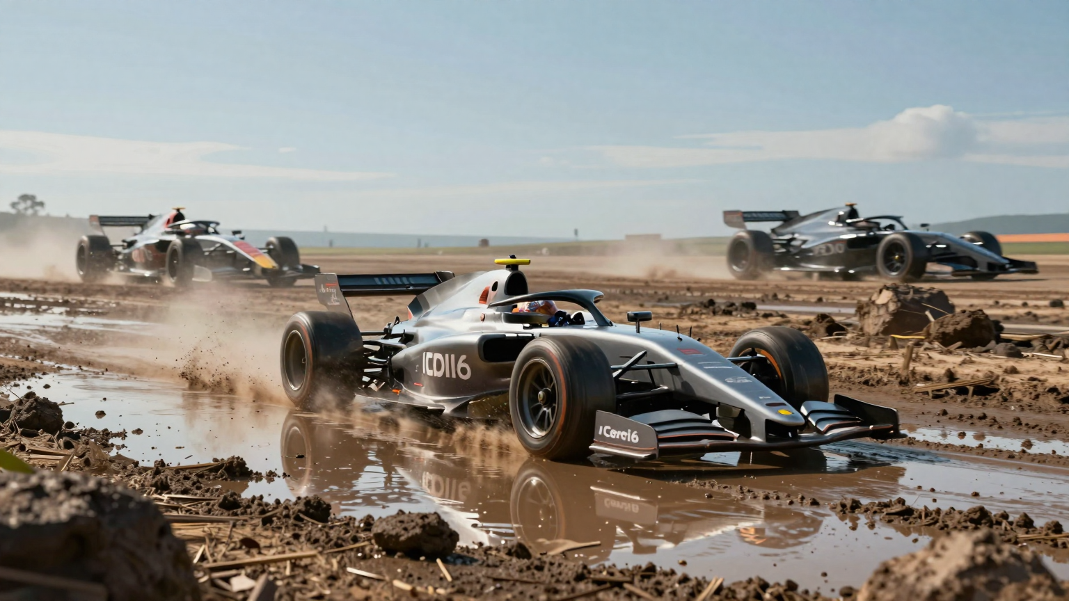 A lone racing car spins its wheels in shallow puddles, surrounded by mud and obstacles, while distant silhouettes of sleek, fast-moving vehicles blur into the horizon under clear skies. (AI illustration)