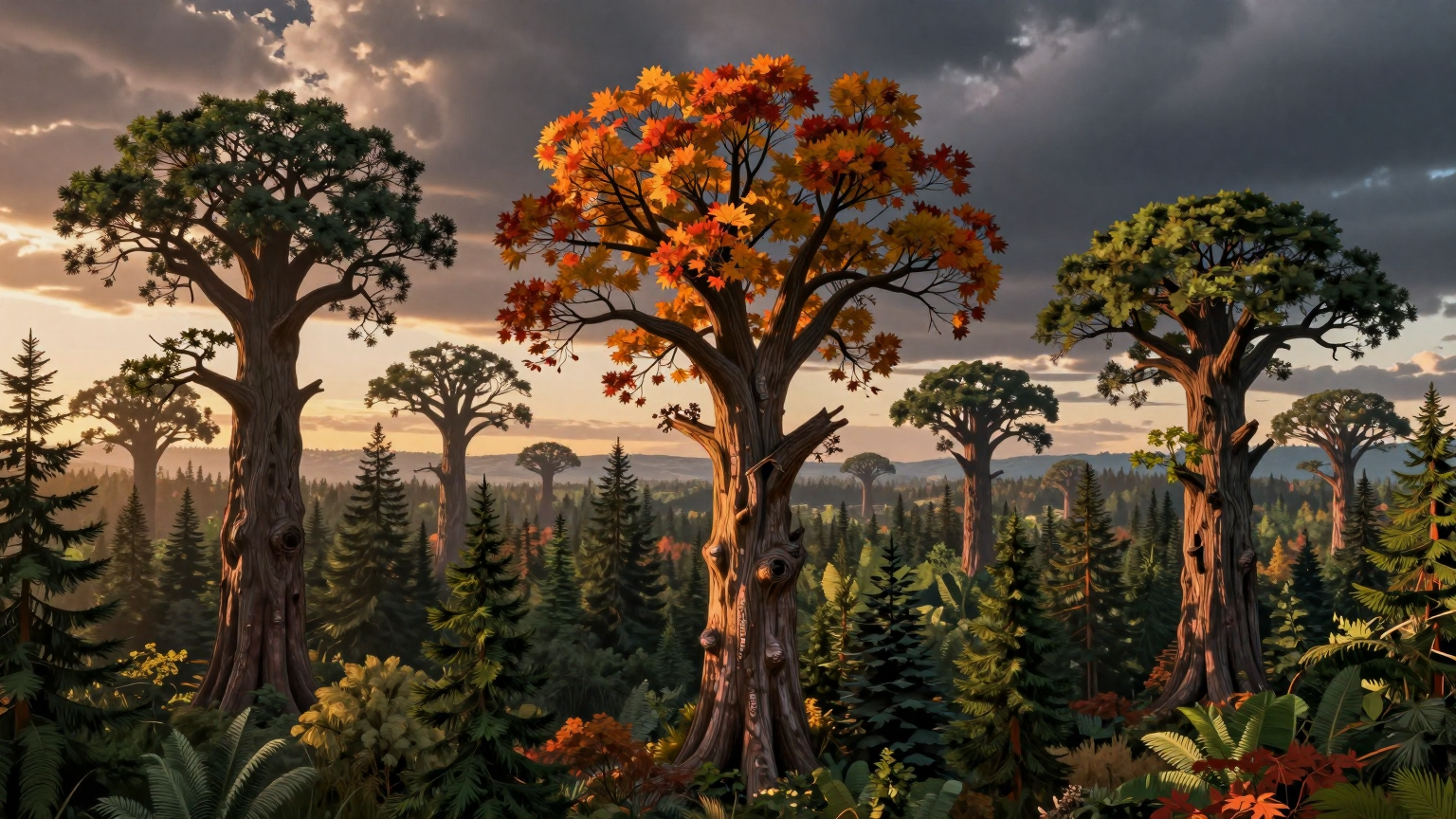 A vast forest at sunset, where ancient trees represent established tech giants, with one tree losing its vibrant leaves, signifying Alphabet Inc.'s recent stock drop amid the shadow of looming AI clouds. (AI illustration)