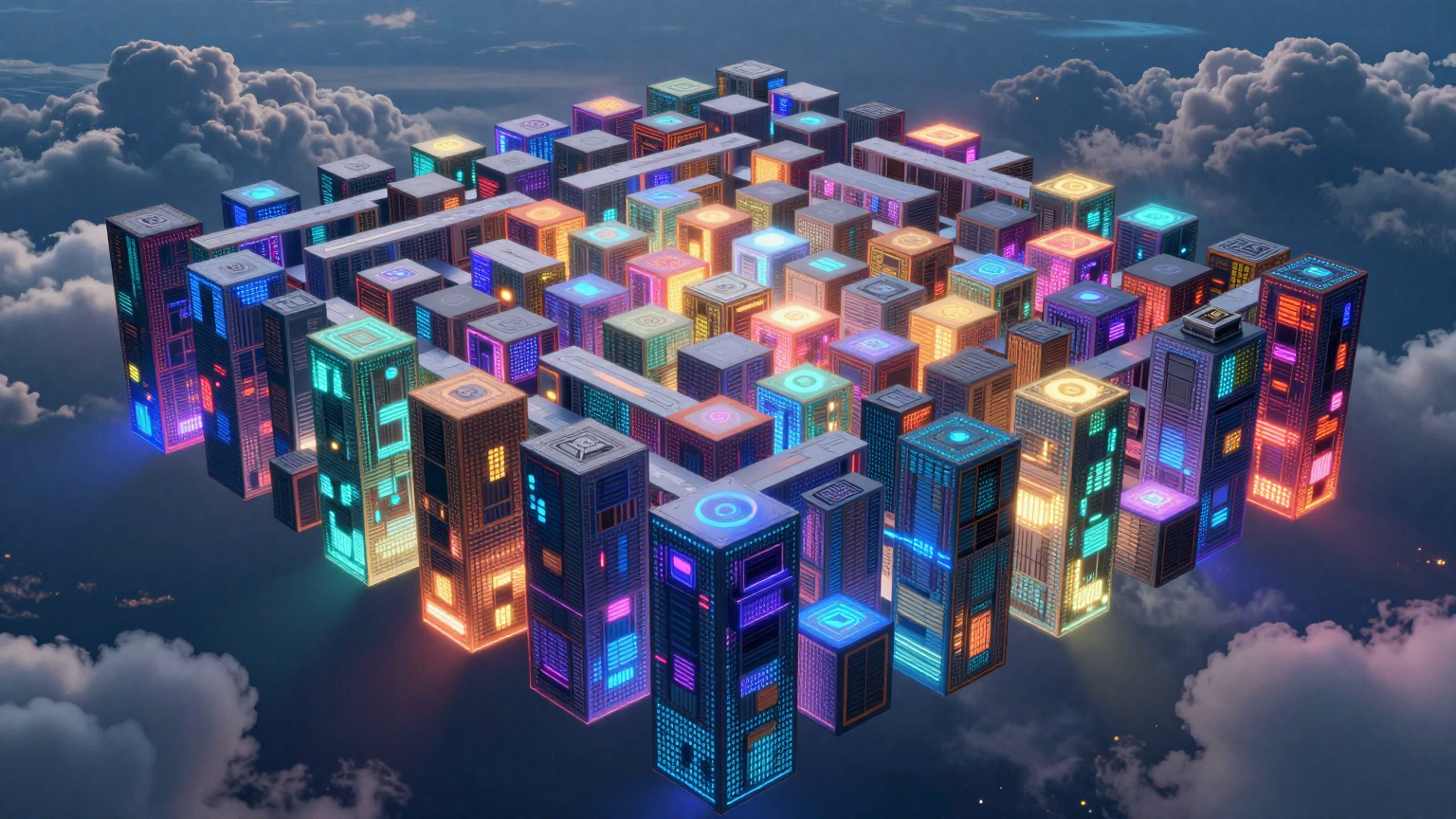 A vast, glowing labyrinth of interconnected cubes floats in the sky, each cube pulsating with vibrant hues, symbolizing the dynamic flow of memory from personal devices to expansive data center clouds. (AI illustration)