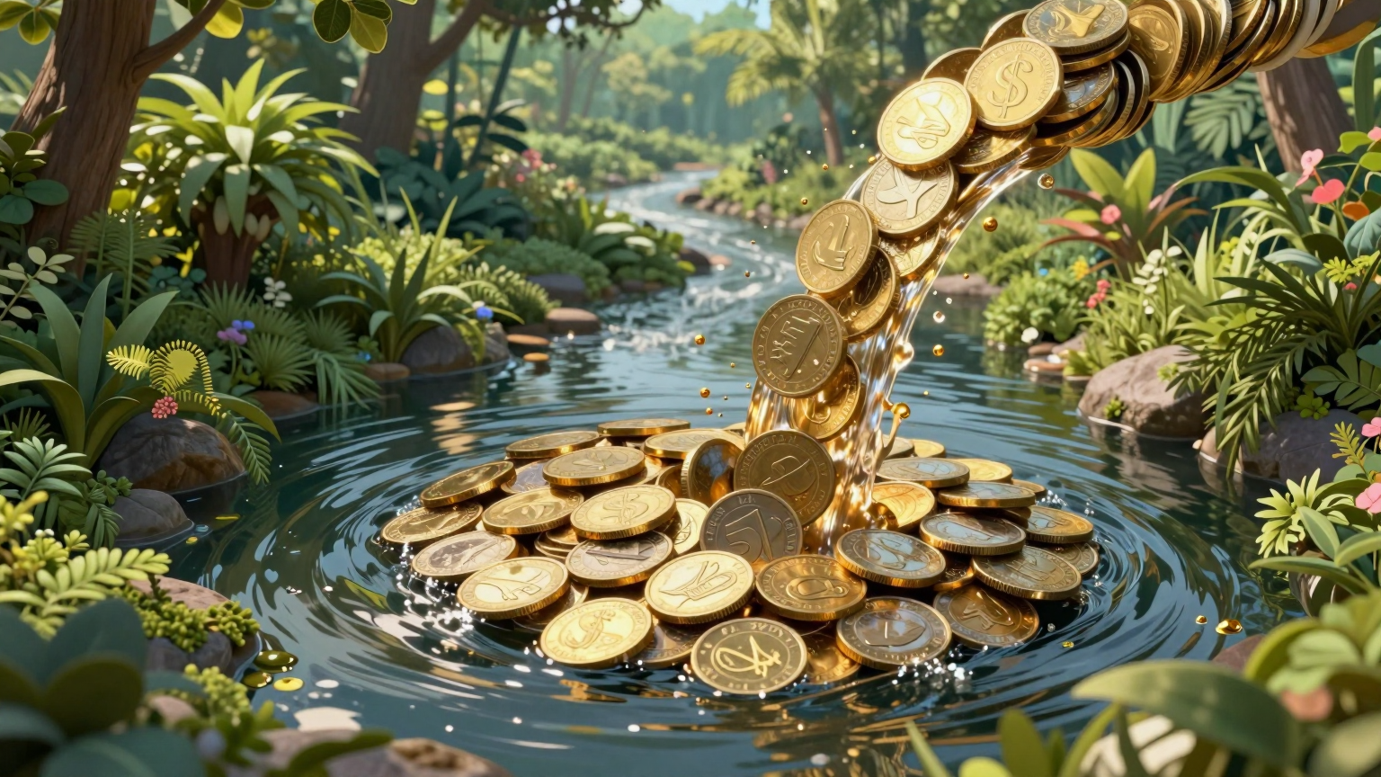A cascade of shimmering golden coins flows into an elegant, swirling vortex representing a high-yield savings account, nestled among lush, green banks of a tranquil river. (AI illustration)