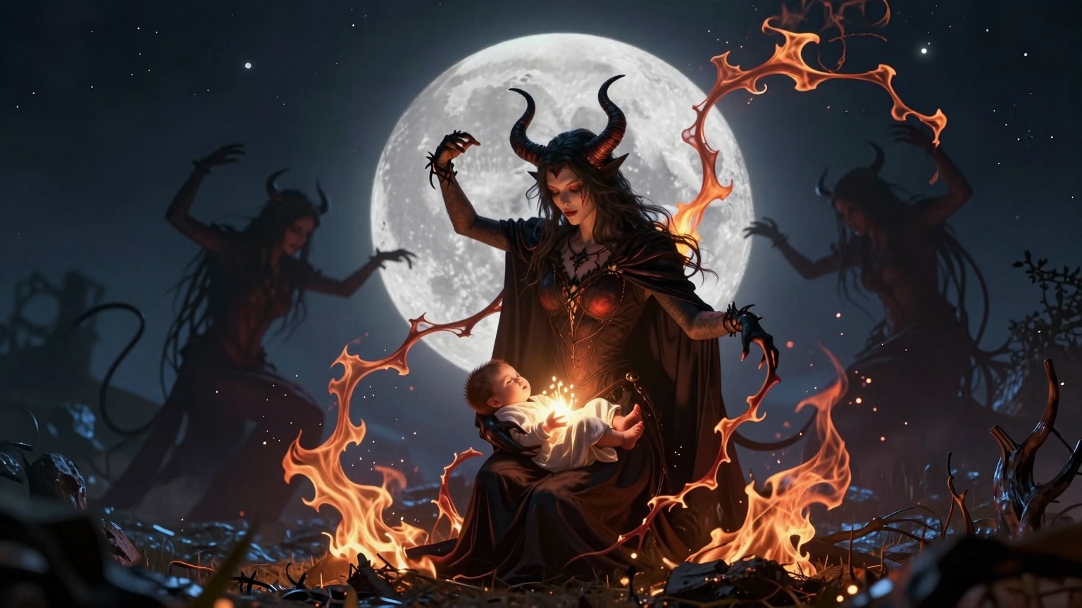 A moonlit clearing where swirling shadows of the Coven dance with fiery tendrils of Satan, as a newborn cradled in light marks the dawn of destiny. (AI illustration)