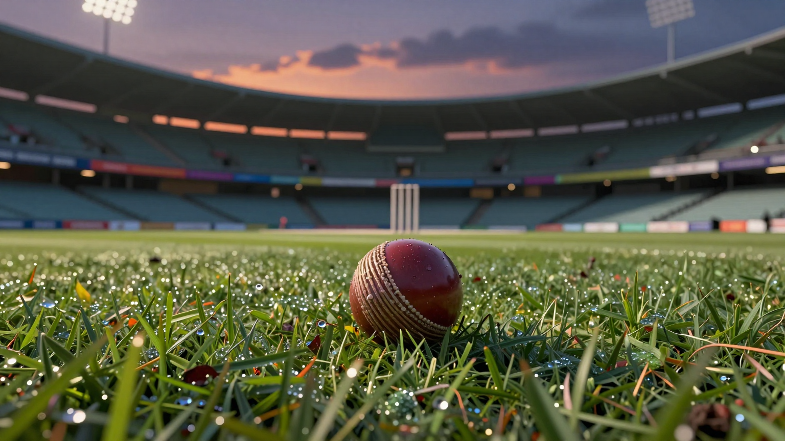 A solitary cricket ball rests gently on the dew-kissed grass, surrounded by empty seats under a twilight sky, as the last light fades from the grandstands of an iconic stadium. (AI illustration)