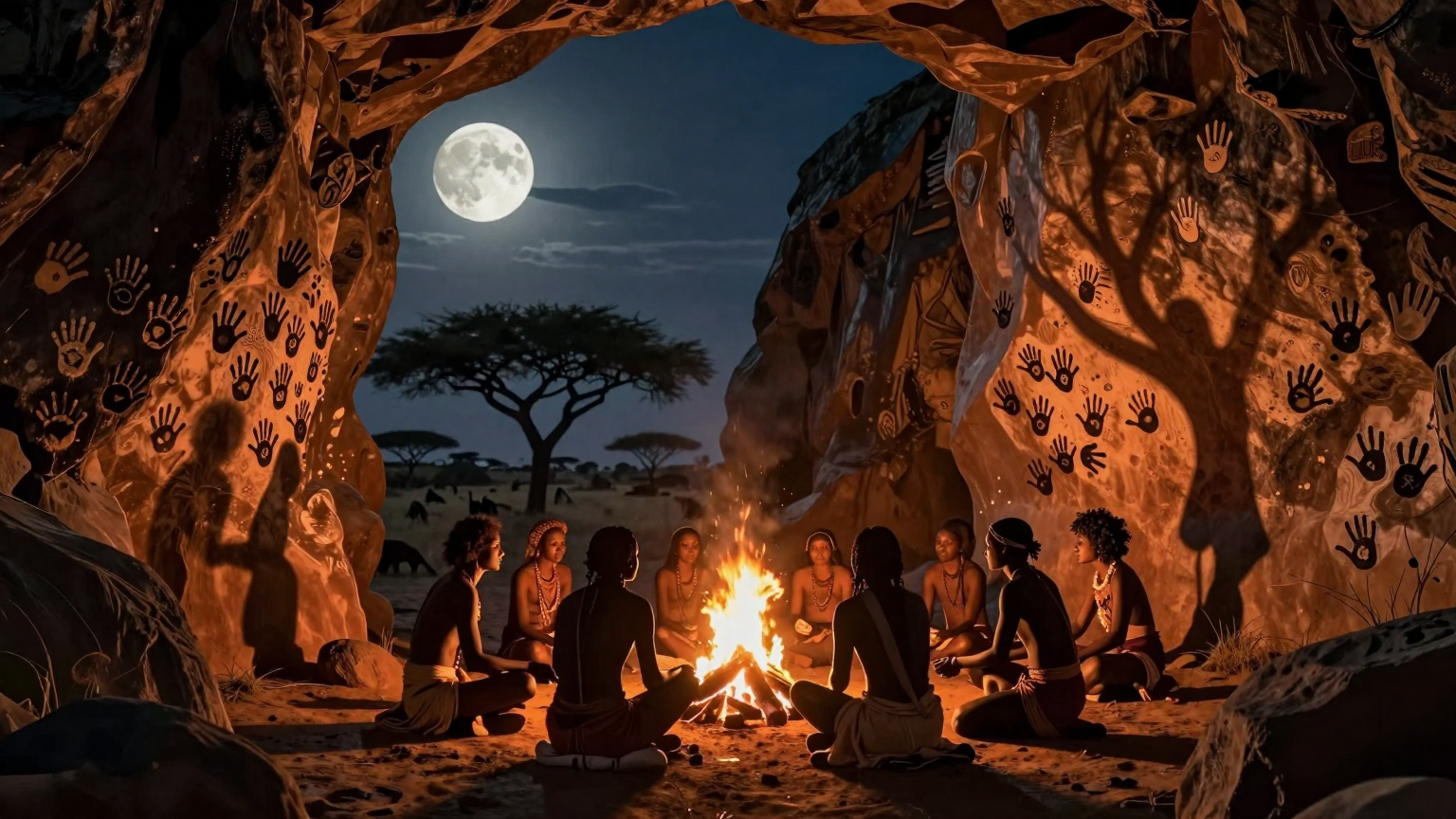 A moonlit savanna at dusk, where silhouettes of ancient foragers gather around a crackling fire, their shadows dancing on cave walls adorned with patterns of handprints made from ochre and charcoal. (AI illustration)