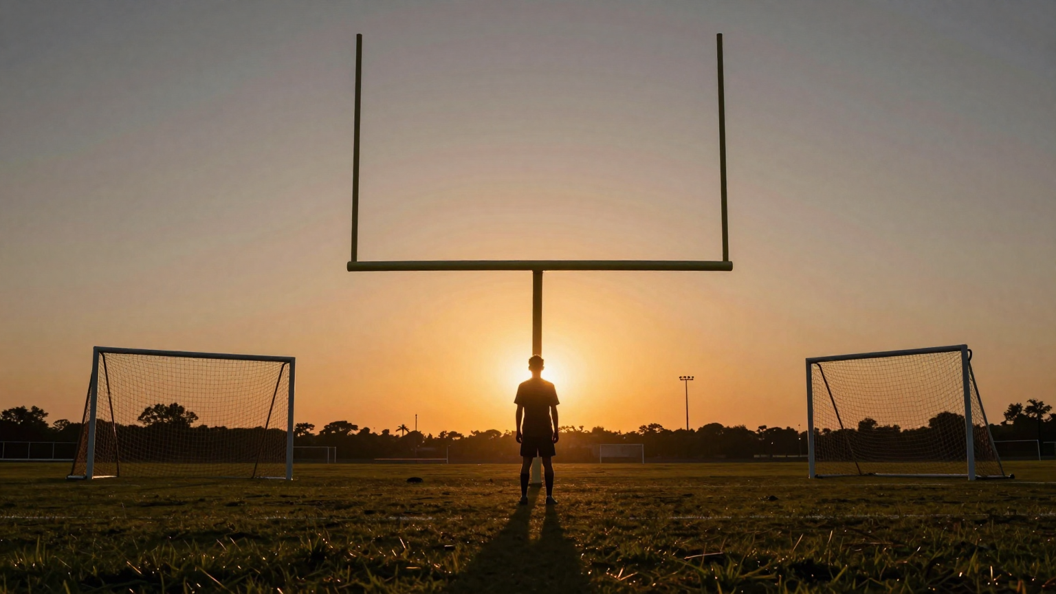 A young player stands alone on an empty pitch at sunset, surrounded by three silhouetted goalposts that loom like sentinels, symbolizing the missed games ahead. (AI illustration)