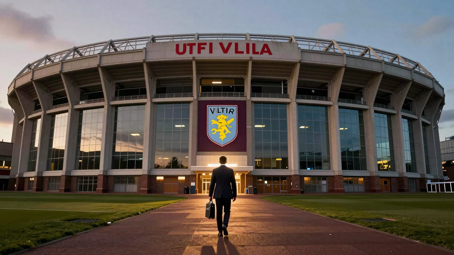 Aston Villa's historic stadium looms large at dusk, its grand arches casting shadows as a lone figure in a suit walks away, holding a briefcase containing the weight of words that started a storm. (AI illustration)