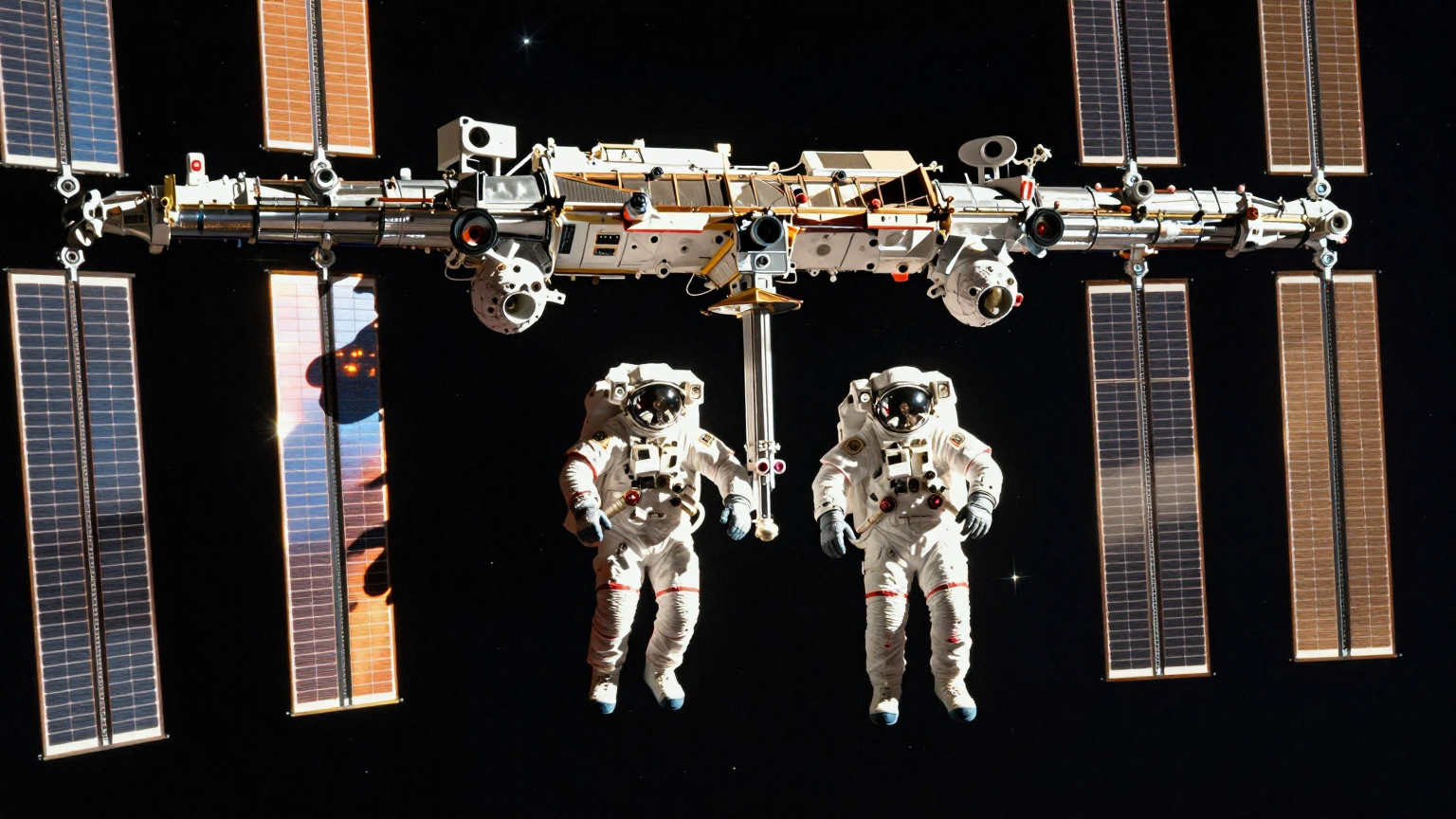 Two astronauts float gracefully against the starry backdrop, their silhouettes framed by vibrant arcs of sunlight streaming from newly installed solar panels, casting shimmering patterns on the vast expanse of the International Space Statio (AI illustration)