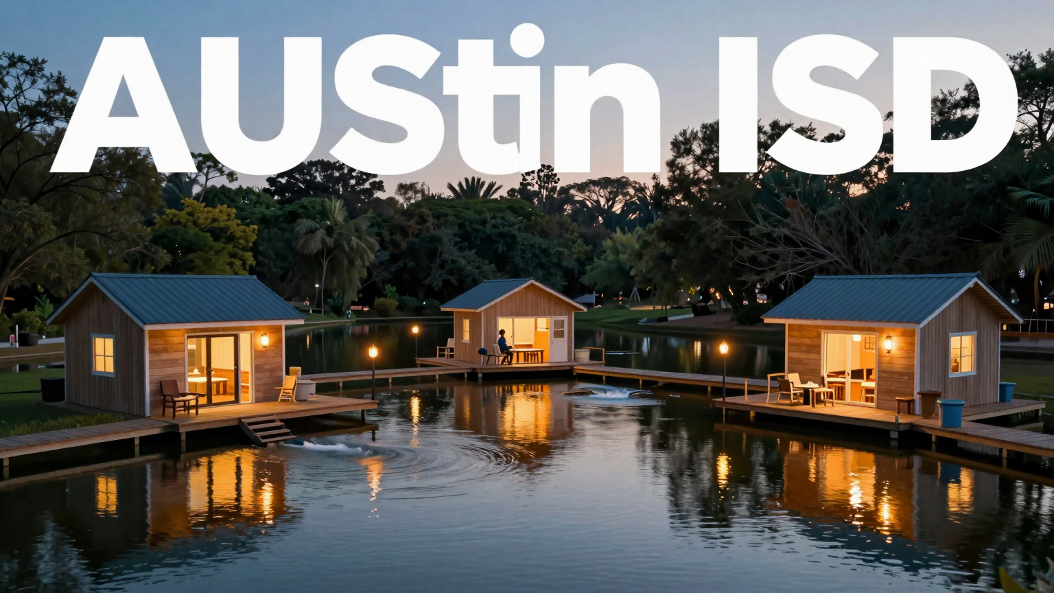 A serene lake reflects the warm glow of lanterns from three cozy cabins, each connected by gently flowing streams, symbolizing the harmonious partnerships sought by Austin ISD to enhance student pathways. (AI illustration)