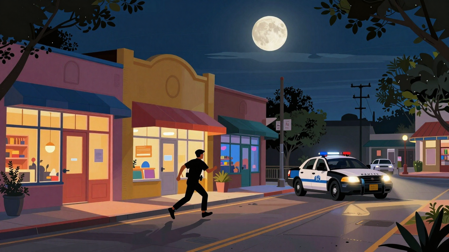 A moonlit night scene where shadows dance along East Austin's vibrant streets, with a lone figure darting between colorful, warmly lit storefronts, pursued by the glimmering headlights of an approaching police car. (AI illustration)