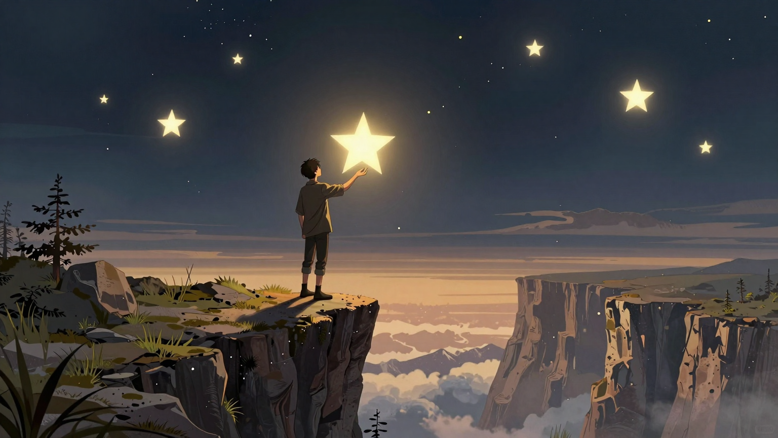 A lone figure stands at the edge of a cliff, holding two shining stars precariously in one hand, gazing towards the horizon where more stars beckon but with a treacherous drop below. (AI illustration)