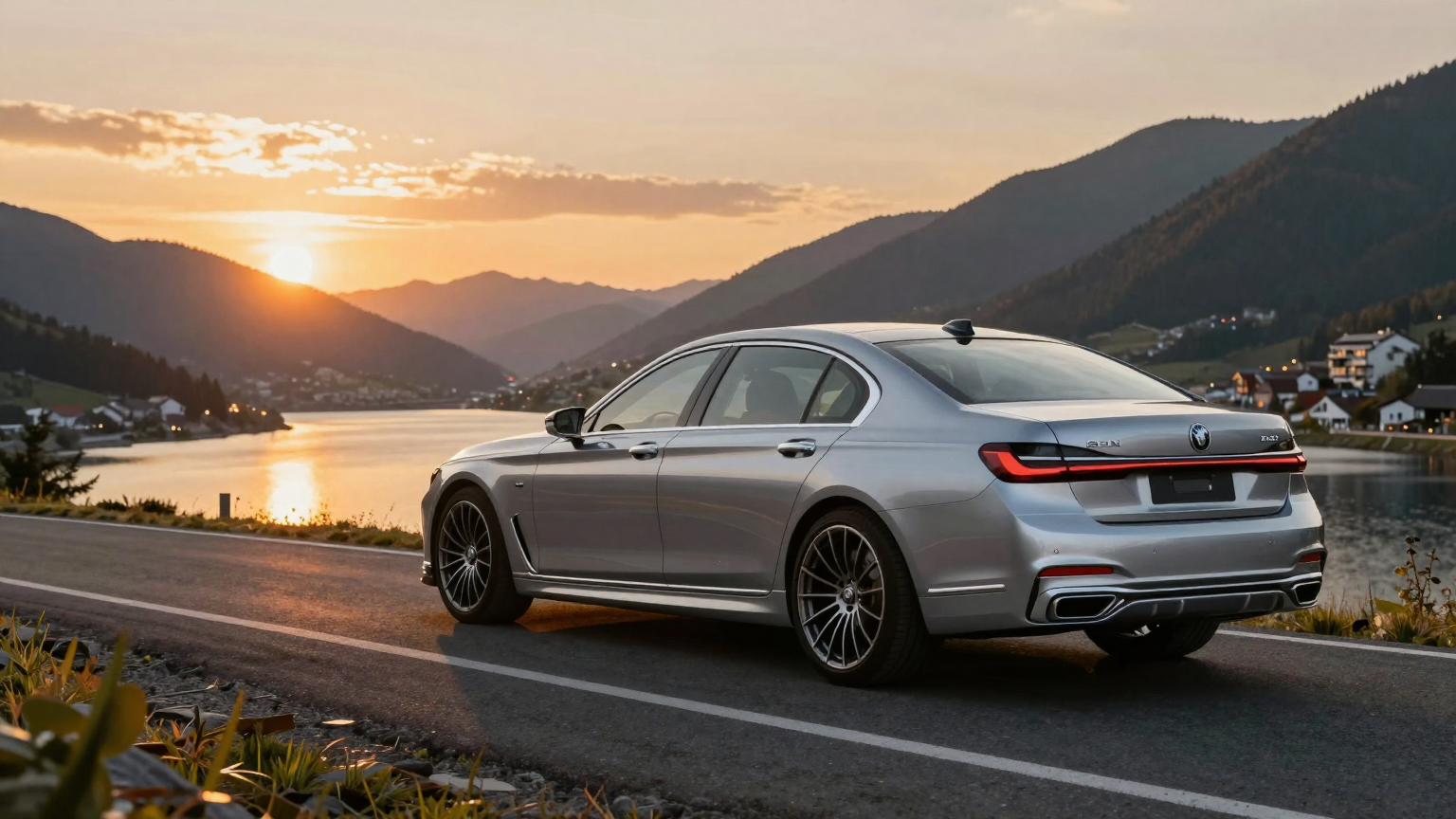 A sleek, silver Alpina 7 Series glides gracefully along a winding mountain road at sunset, its powerful silhouette reflected in the calm waters of a nearby lake. (AI illustration)