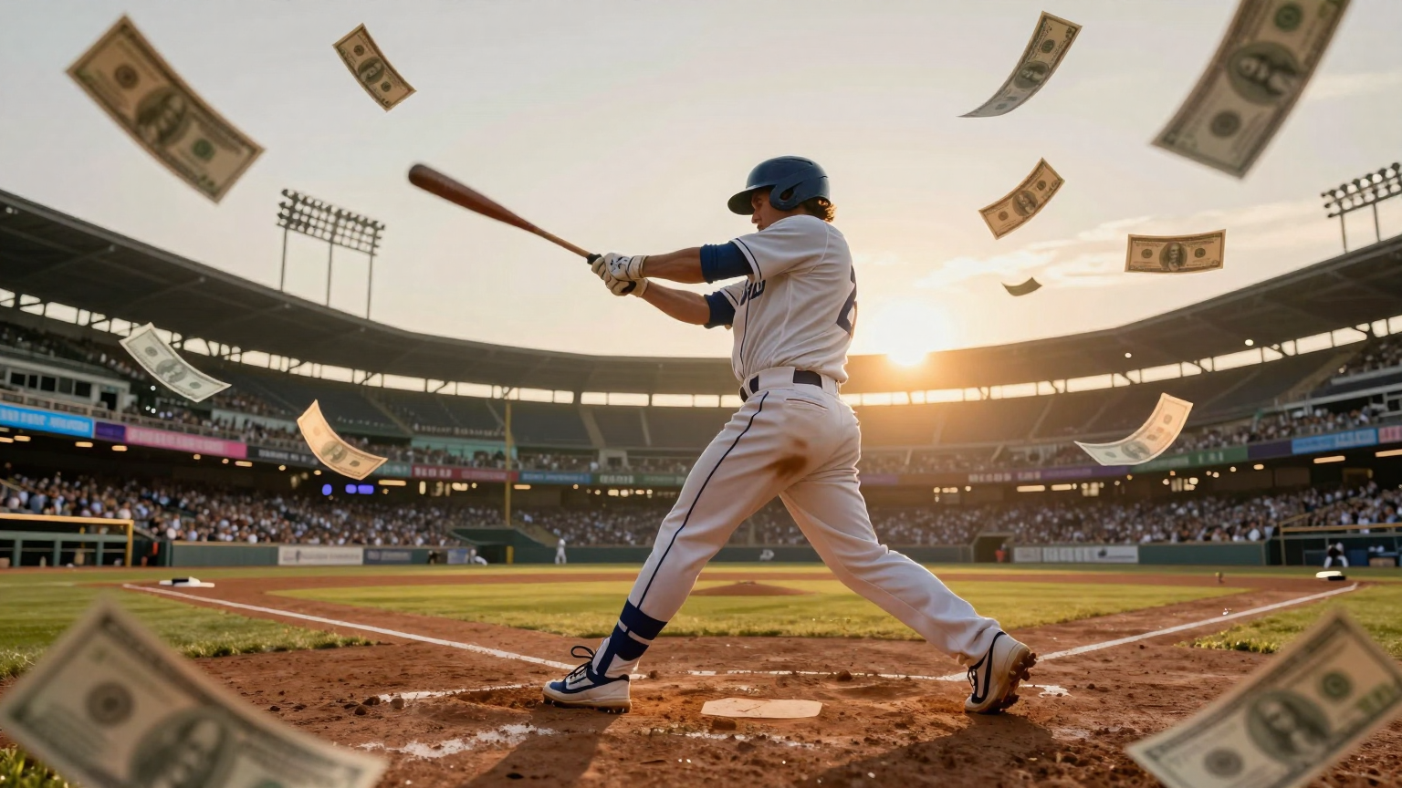 A majestic baseball player swings at dawn within a grand stadium, surrounded by swirling dollar bills that dance around the ballpark under a golden sunrise sky. (AI illustration)