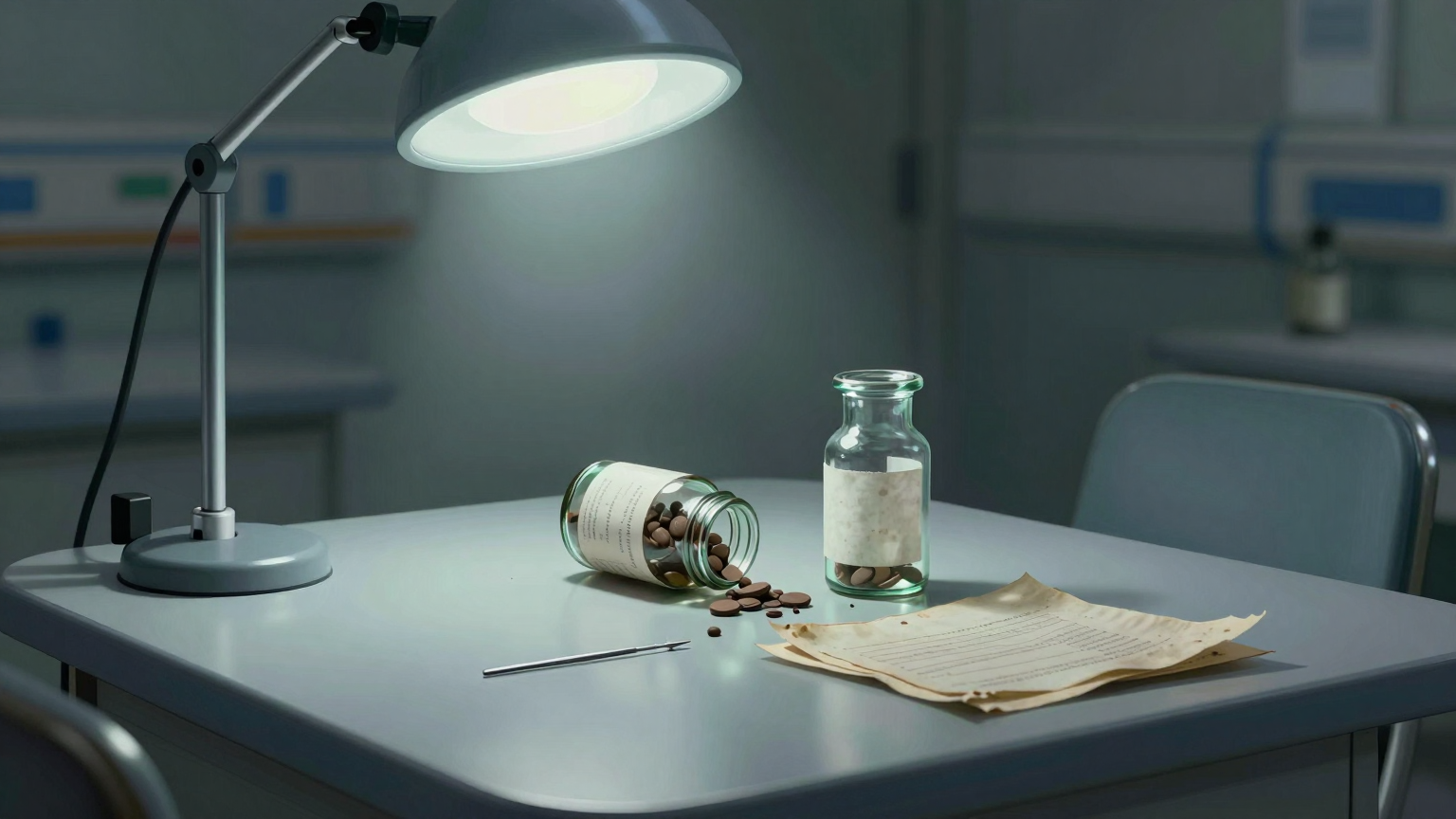 A lone needle rests forlornly beside an overturned vial, spilling its contents onto a cold, sterile table under harsh hospital lights, surrounded by empty chairs and forgotten files. (AI illustration)