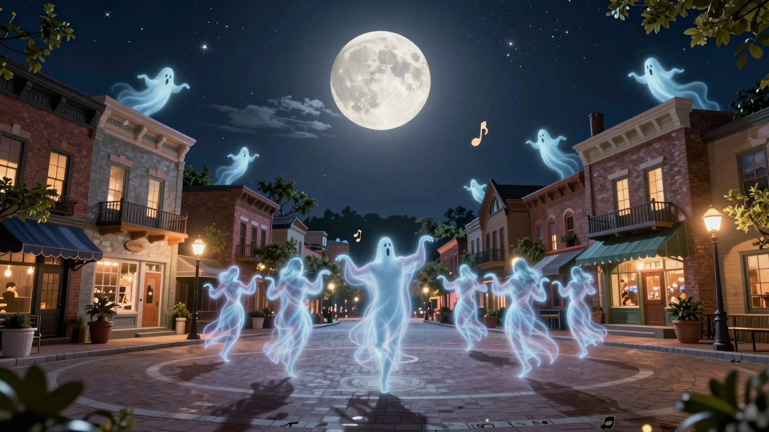 A whimsical town square under moonlight transforms with spectral figures dancing atop the buildings, as ghostly music fills the air, symbolizing the otherworldly charm of "Beetlejuice" coming to life in Columbus. (AI illustration)