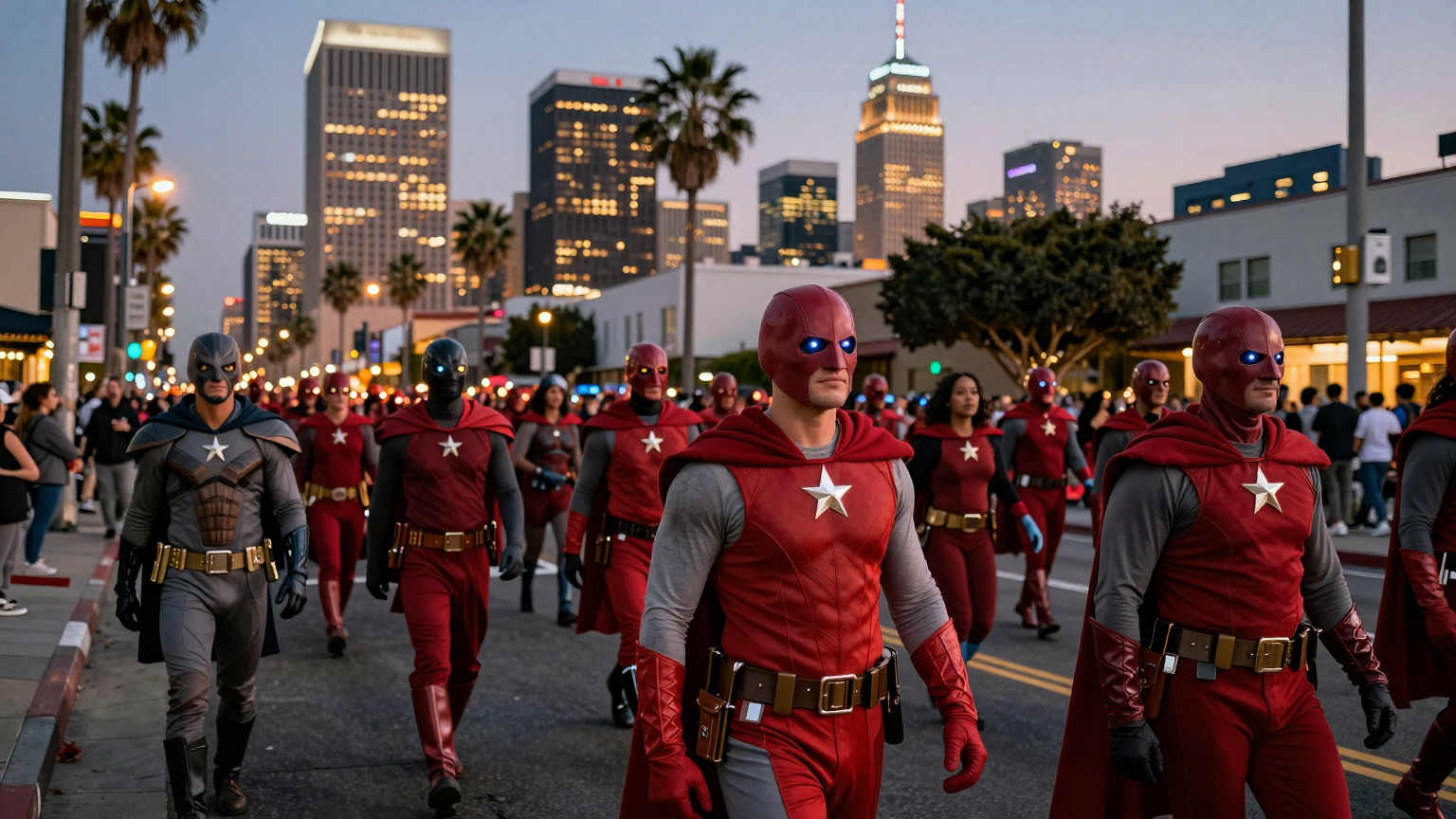 A sea of scarlet and gray blankets the streets of Los Angeles as costumed Buckeye fans parade through Hollywood, their faces lit up by the city's glowing landmarks. (AI illustration)