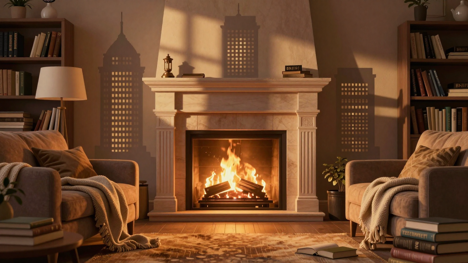 A warmly lit living room filled with cozy blankets and books, where the fireplace casts shadows of towering bank buildings, symbolizing relief from economic strain amid financial institutions' contributions. (AI illustration)