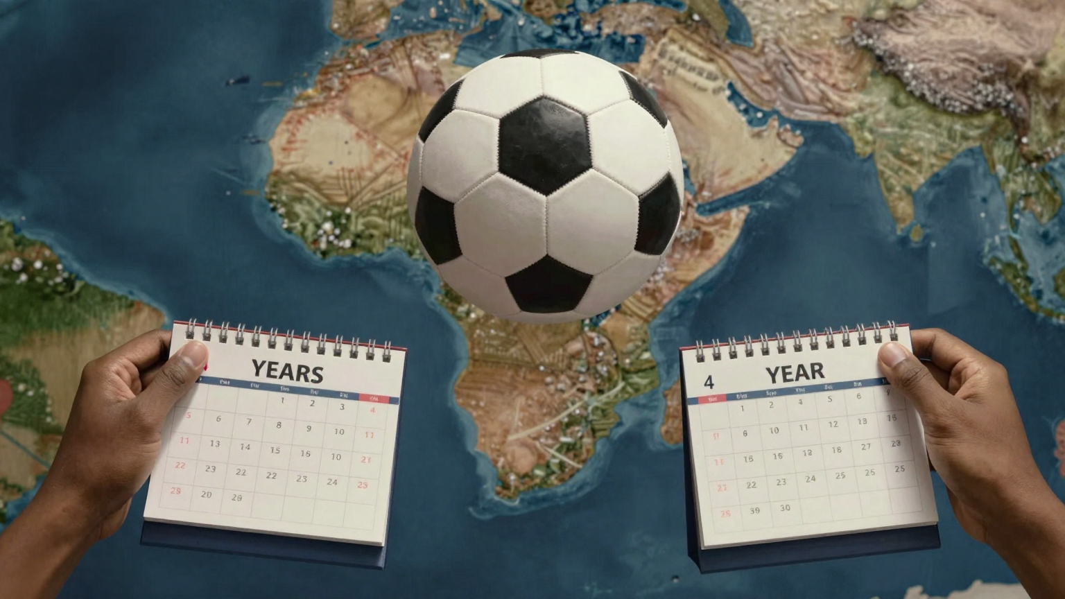 A solitary football floats above a map of Africa, suspended between two outstretched hands holding calendars showing intervals of two years and four years, symbolizing the decision's reversal. (AI illustration)