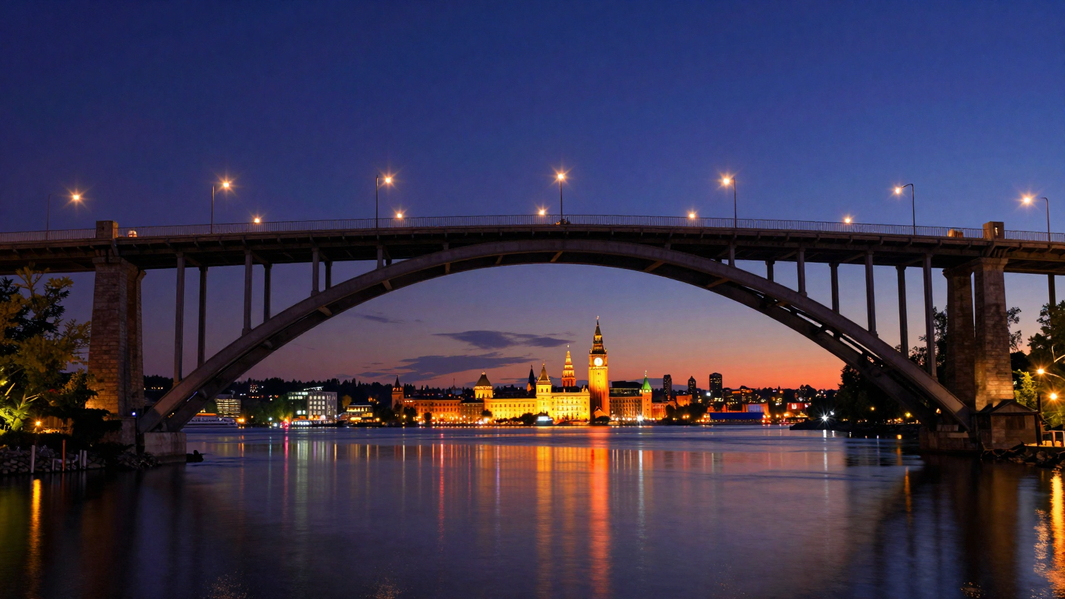 A majestic bridge arches over a serene lake, its two halves meeting at the horizon, where vibrant lights from Canada and Europe twinkle in harmony, symbolizing their new alliance and shared ambitions. (AI illustration)