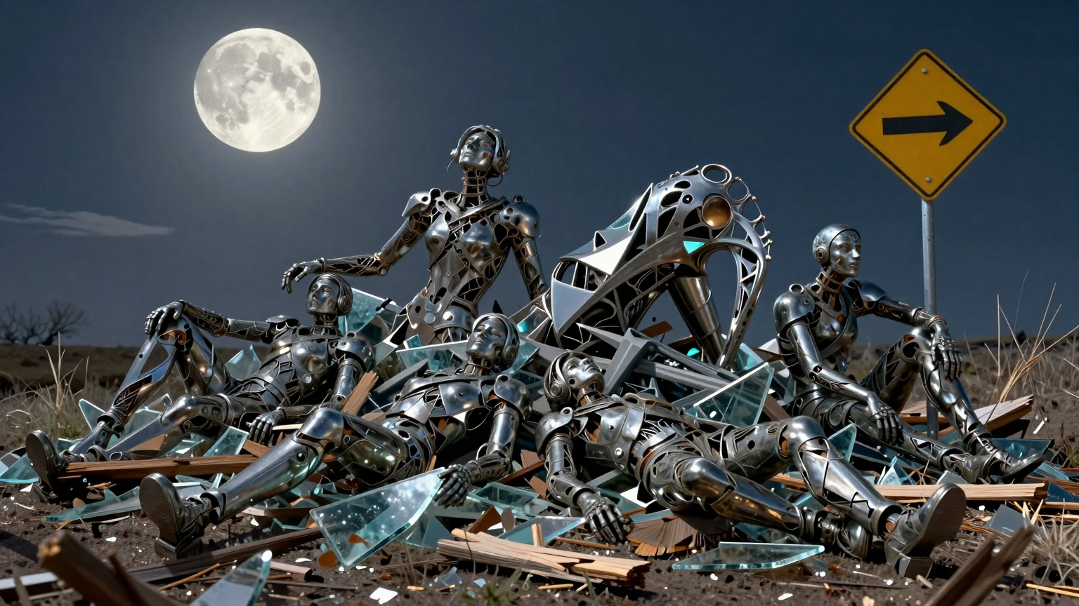 Five figures, varying in size, lay scattered around a twisted, metallic sculpture under a moonlit sky, their forms entwined with shards of glass and splintered wood, near an unmarked road sign. (AI illustration)