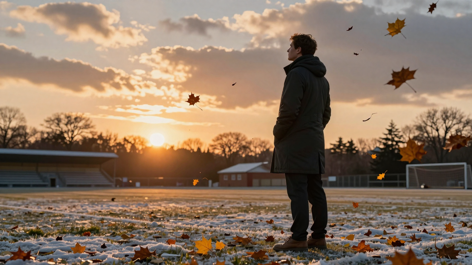 A lone coach stands on a cold, empty field at sunset, bundled in a coat, watching as the autumn leaves swirl around him, symbolizing the end of an era and the turning of the season. (AI illustration)