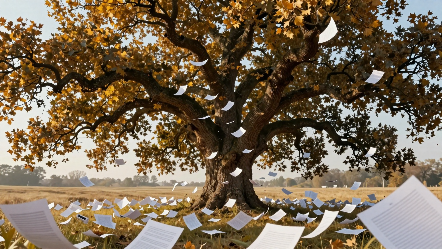 A vast field of white papers swirls around an ancient oak tree, its branches heavy with golden leaves, symbolizing delayed voter registrations entangled in bureaucratic limbs. (AI illustration)