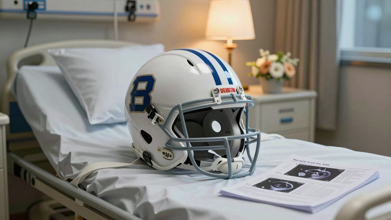 A lone football helmet rests on a hospital bed, surrounded by diagnostic charts and flowers, under the soft glow of bedside lamps in an empty room. (AI illustration)