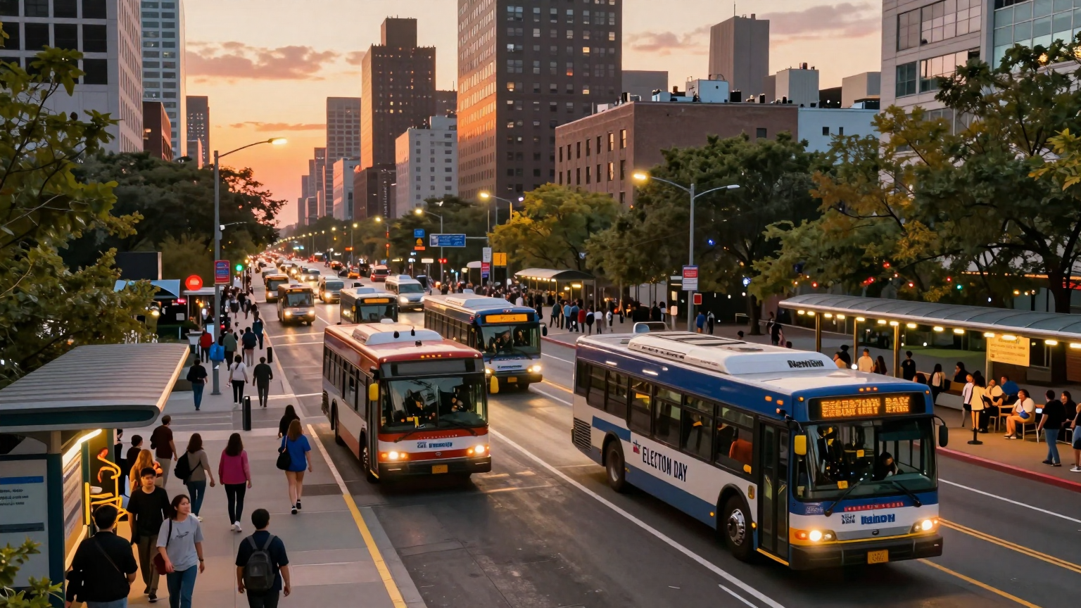 A sea of vibrant, interconnected bus routes weave through a lively cityscape at sunset, with glowing bus stops and jubilant passengers embarking on their journeys, symbolizing seamless access and community spirit on Election Day. (AI illustration)