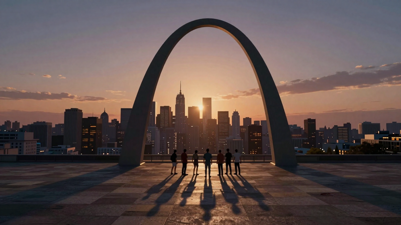 A vast cityscape at dusk, with shadows stretching long under an imposing arch silhouetted against the sky, while in the foreground, tiny figures gather to challenge its presence. (AI illustration)
