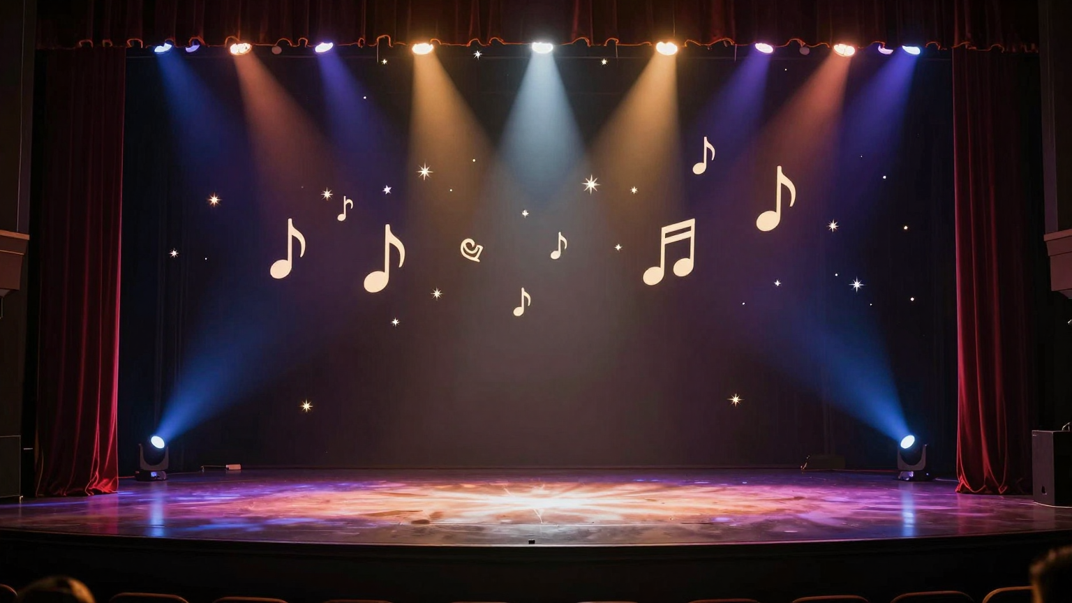 A vibrant stage sits empty under twinkling star lights, musical notes floating aimlessly in the air, as if searching for their missing voice. (AI illustration)
