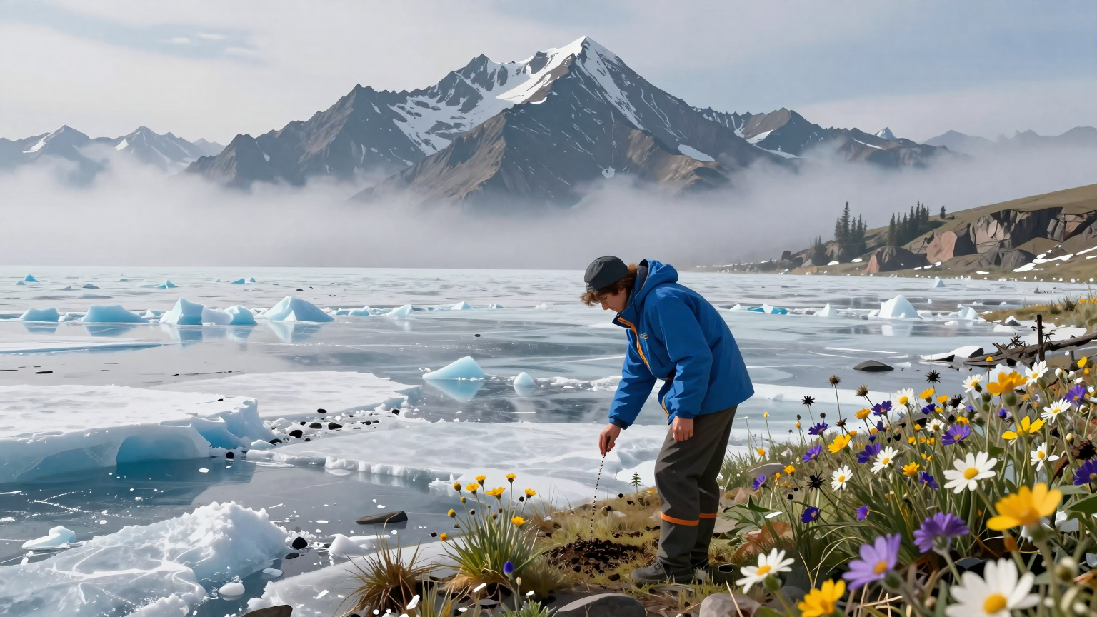 A figure clad in blue stands at the edge of a vast, icy tundra, planting a seed amidst a cluster of hardy wildflowers, while in the distance, a grand mountain range shrouded in mist looms large. (AI illustration)