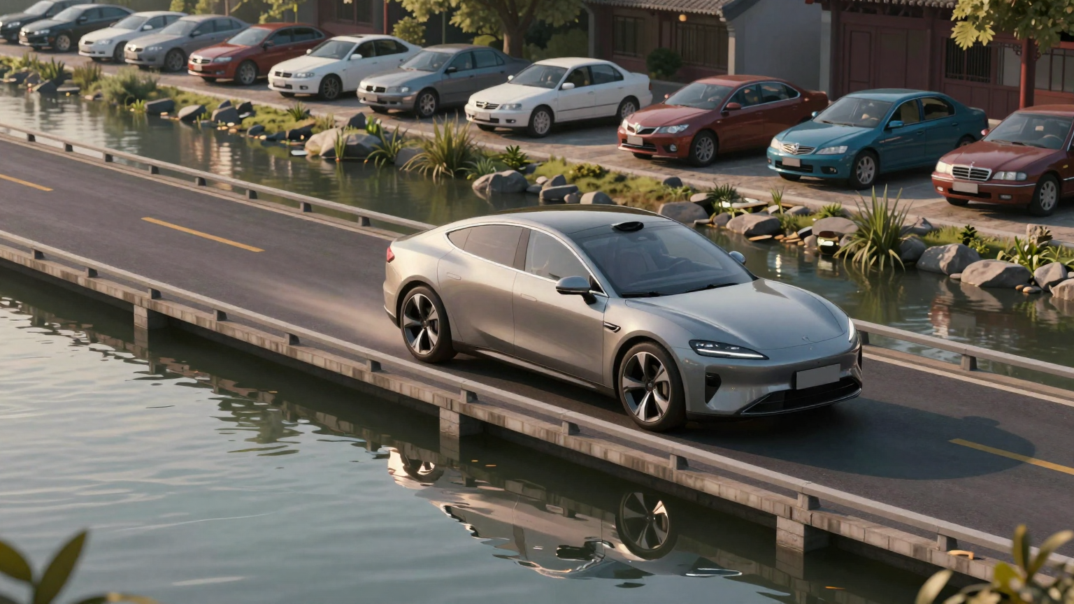 A sleek electric car glides gracefully over a bridge, its reflection mirrored in the water below, while on the opposite bank, a row of parked traditional cars watches enviously from the shore. (AI illustration)