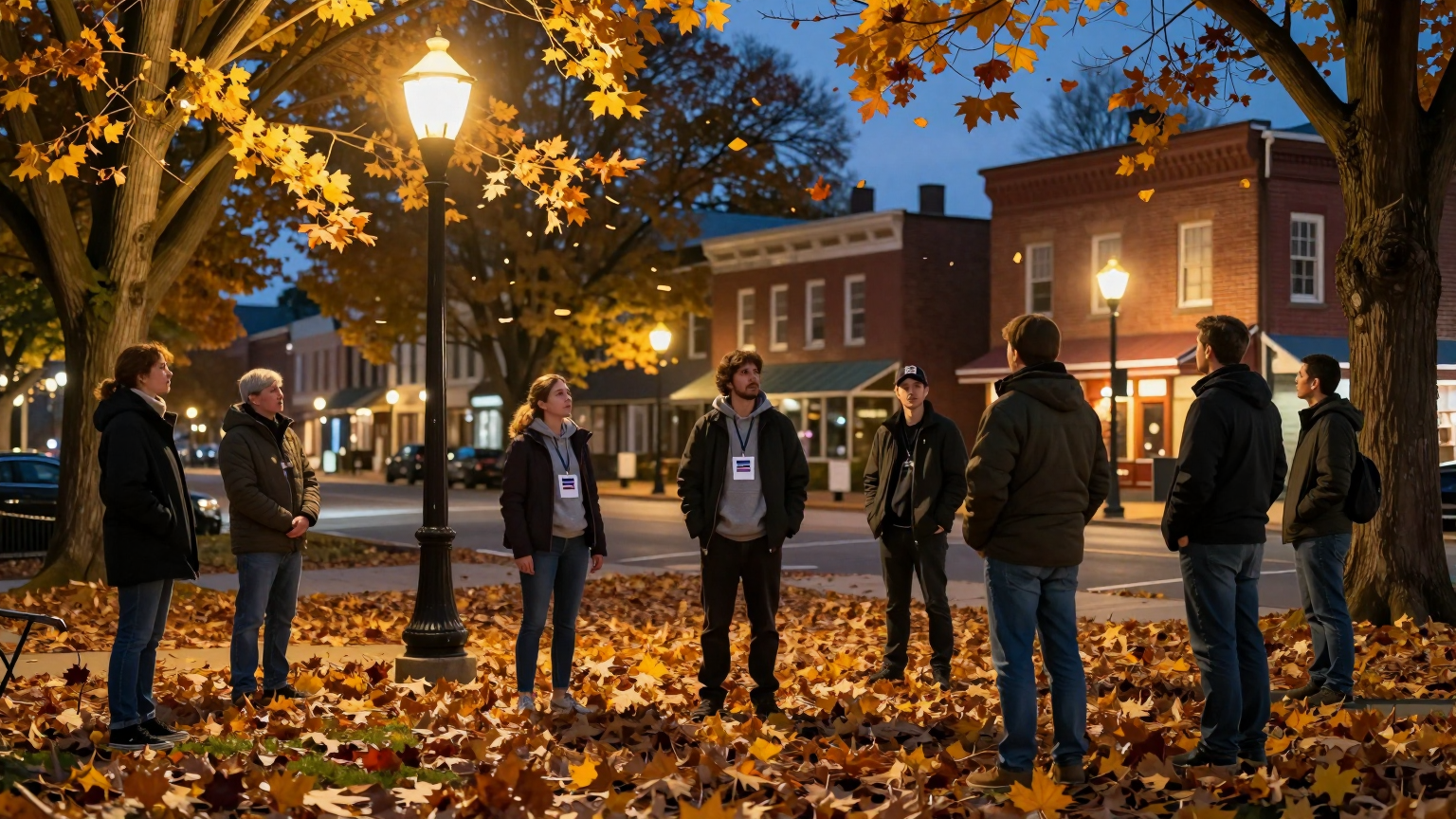 Election monitors stand vigilantly under the golden glow of street lamps, surrounded by an ocean of fluttering autumn leaves, in a quiet Ohio town square, symbolizing watchful guardianship over democratic processes. (AI illustration)