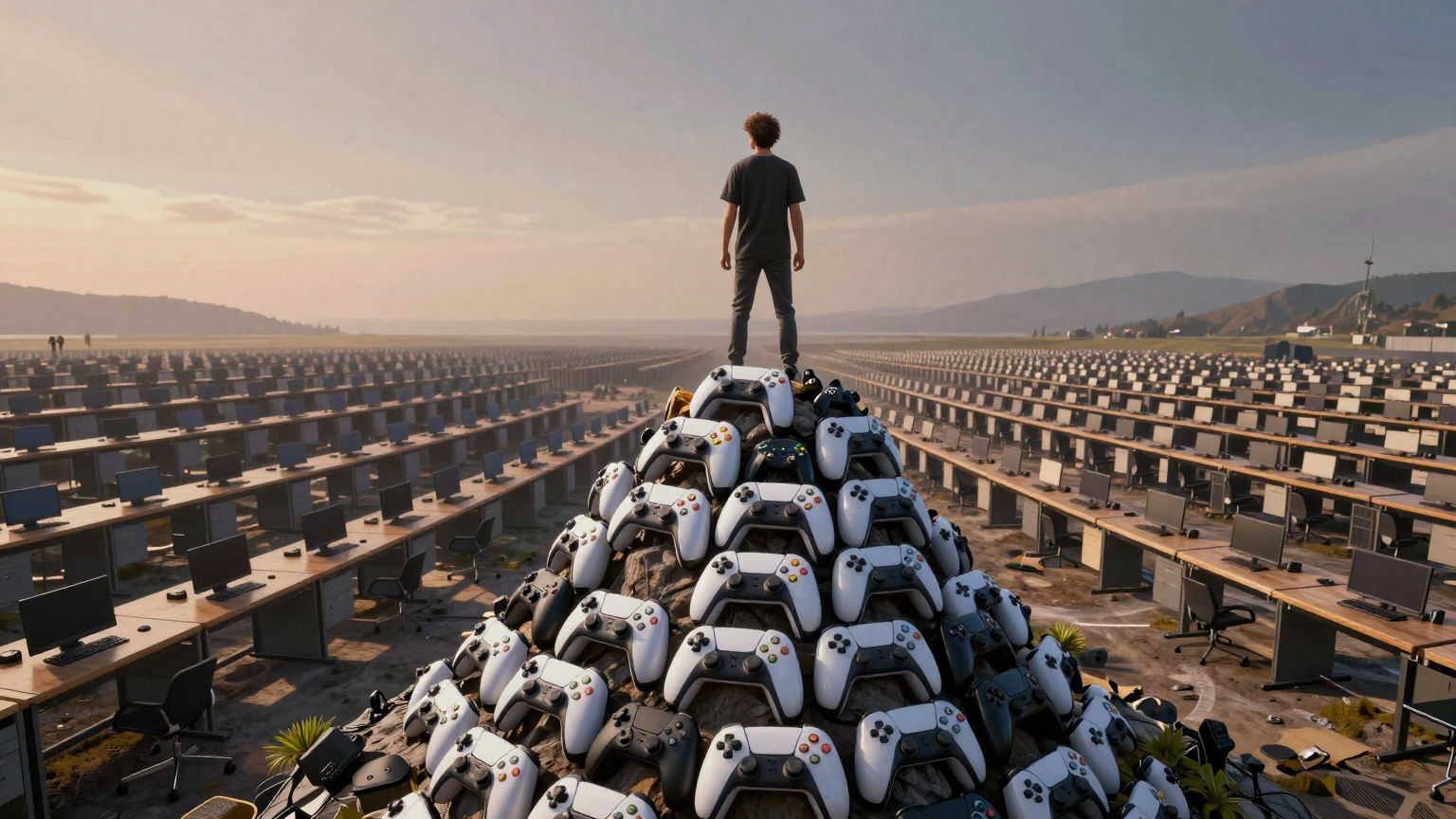 A lone figure stands triumphantly atop a mountain of game controllers, surrounded by a sea of empty desks stretching to the horizon, symbolizing resilience amid widespread change. (AI illustration)