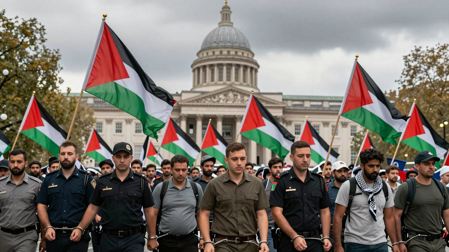 A sea of vibrant Palestinian flags waves beneath a grey London sky, encircling the US embassy, where uniformed figures lead away several demonstrators in cuffs, their faces solemn. (AI illustration)