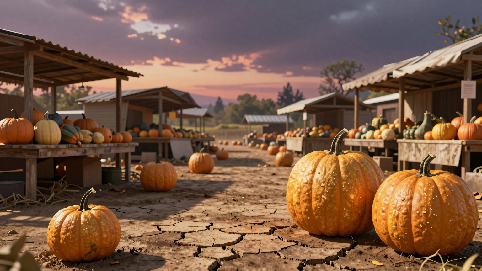 Golden pumpkins sparse among cracked earth, overshadowed by empty market stalls once brimming with autumnal bounty, under a sky painted with hues of desperation. (AI illustration)
