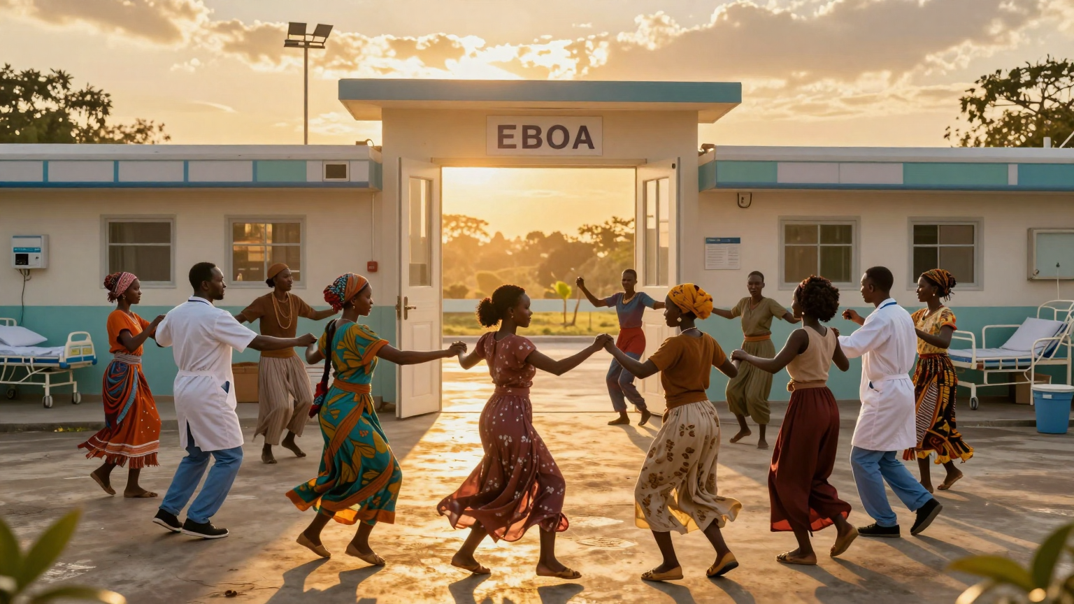 Ebola medics and jubilant locals form a vibrant circle dance around a gleaming, empty hospital ward, its doors thrown wide under a golden sunset sky. (AI illustration)