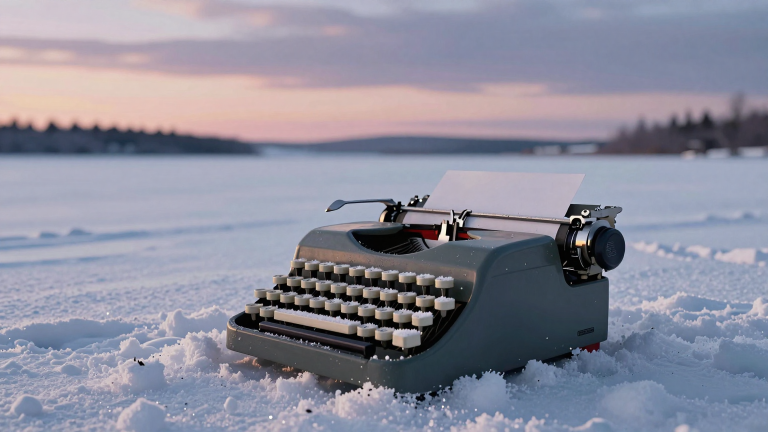 A lone typewriter sits on a vast, snowy landscape under twilight sky, its keys frozen mid-tap as if capturing the sudden halt of creativity and laughter following Kevin Bleyer's passing. (AI illustration)