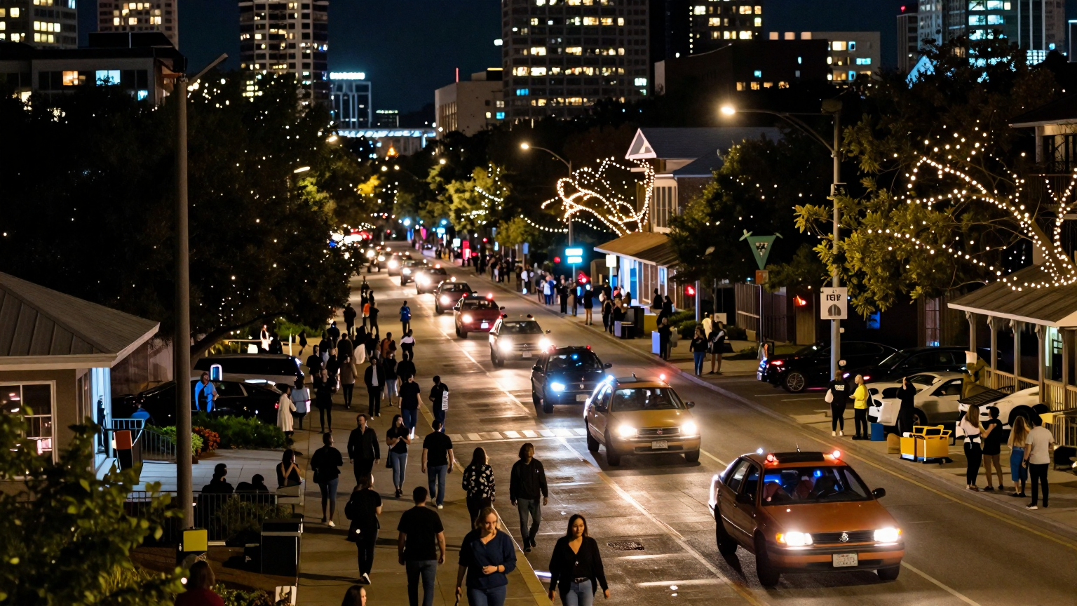 A sea of twinkling lights cuts through the dark night, unmarked vehicles weaving through a mesmerized crowd, their flashing sirens leading a privileged few along Austin's bustling streets. (AI illustration)