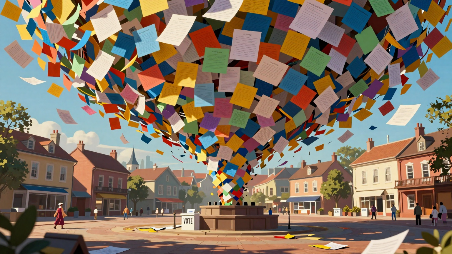 A swirling vortex of colorful papers dances above a quiet town square, each sheet carrying whispers of misinformation about how votes are cast and counted. (AI illustration)