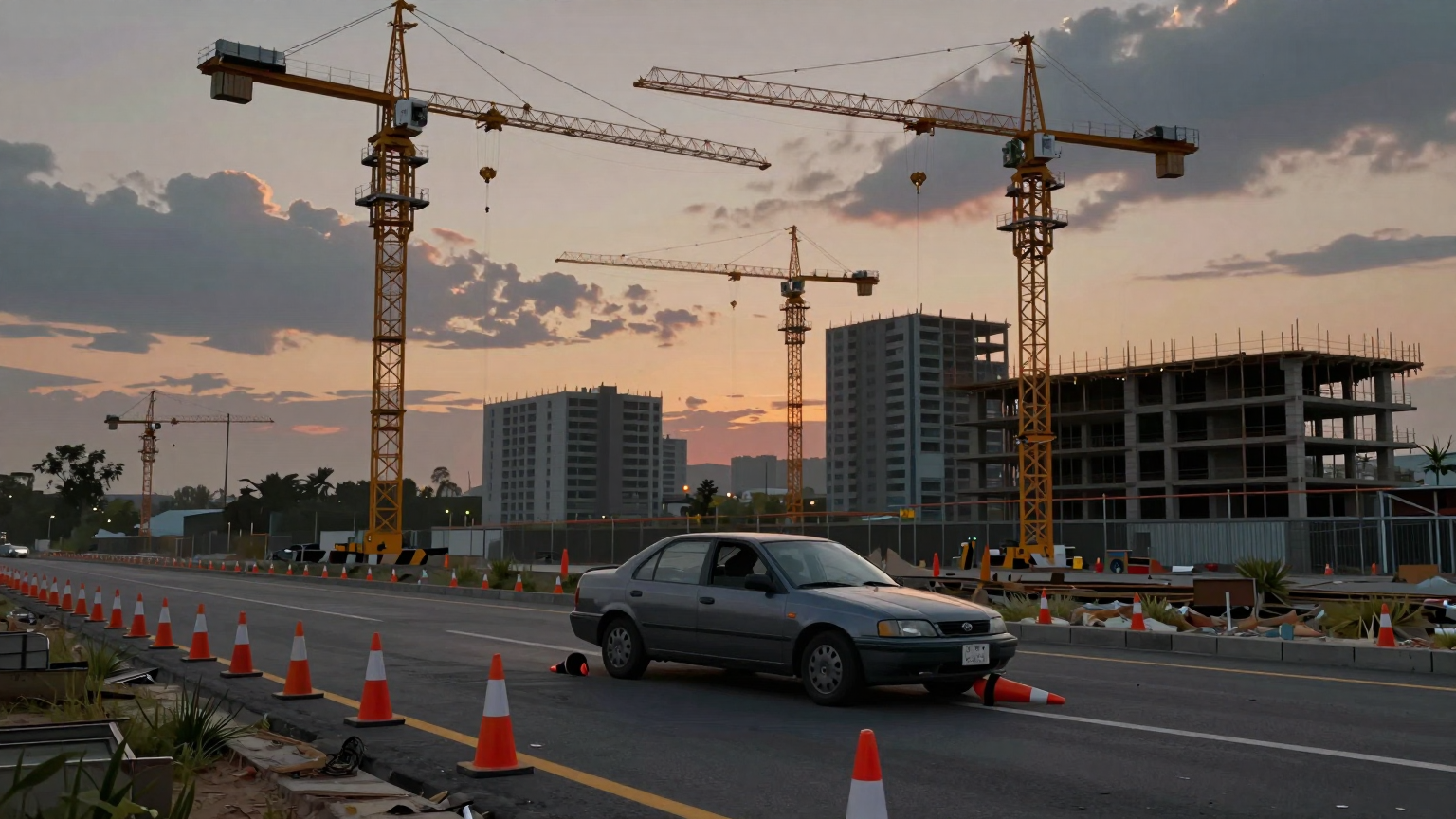 A lone car lies twisted among scattered cones, overshadowed by looming cranes and half-built skyscrapers, under a sky painted with the somber hues of twilight, near an unfinished road. (AI illustration)