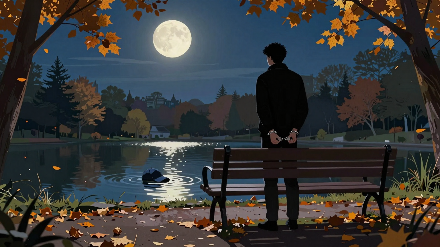 A lone figure stands silhouetted against the moonlight, handcuffed to a park bench where a personal item floats nearby in a still pond, surrounded by autumn leaves that hint at passing time. (AI illustration)