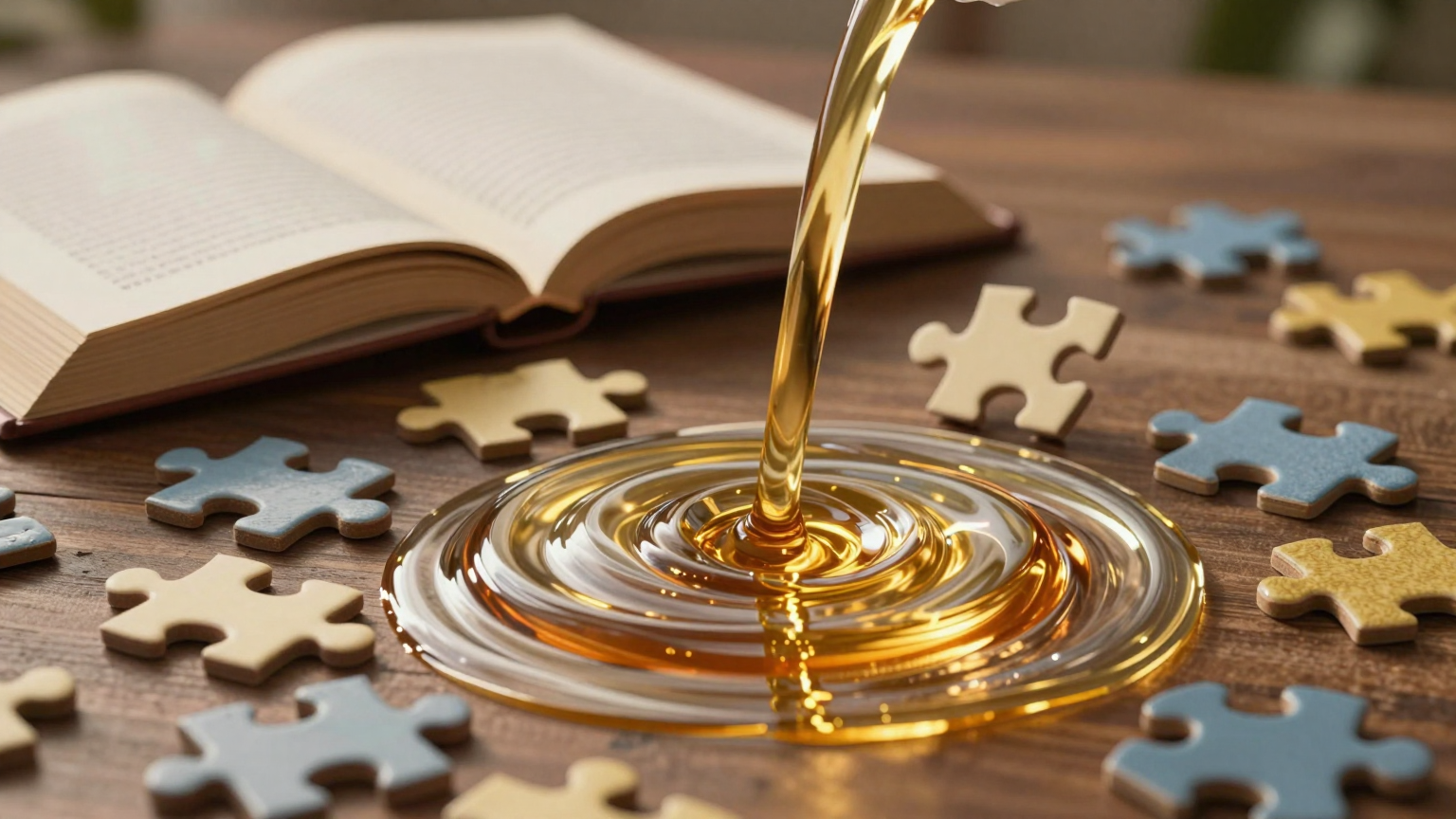 A golden stream of liquid pours from an open book into a delicate, swirling pool, surrounded by floating puzzle pieces coming together, symbolizing knowledge and new standards enriching infant nutrition. (AI illustration)