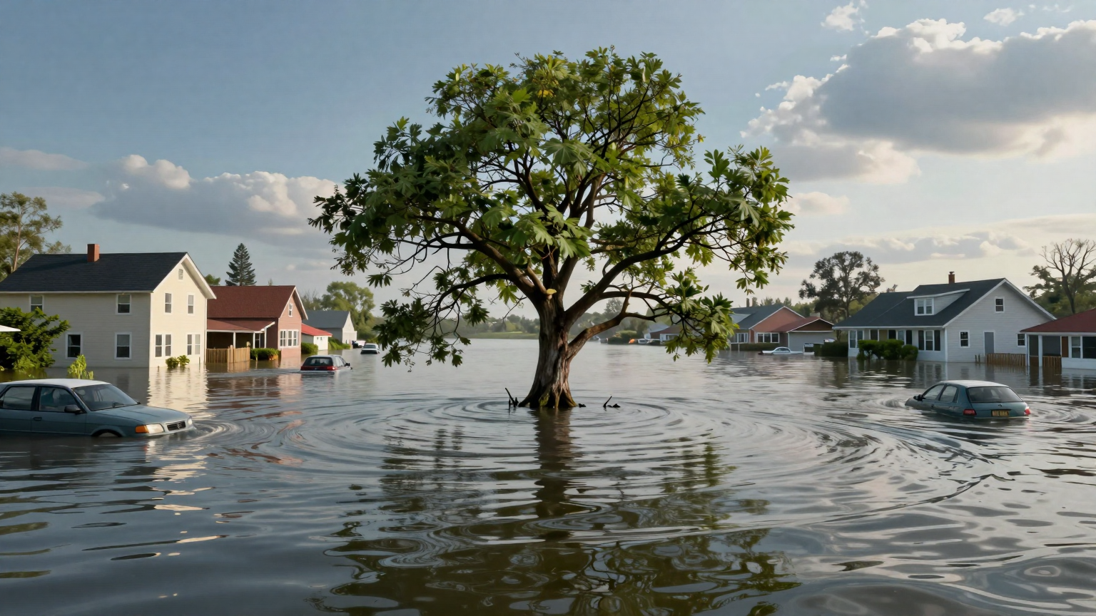 A lone tree stands resiliently amidst a sea of swirling waters, its branches reaching towards the sky as houses and vehicles around it are submerged in the flood's embrace. (AI illustration)