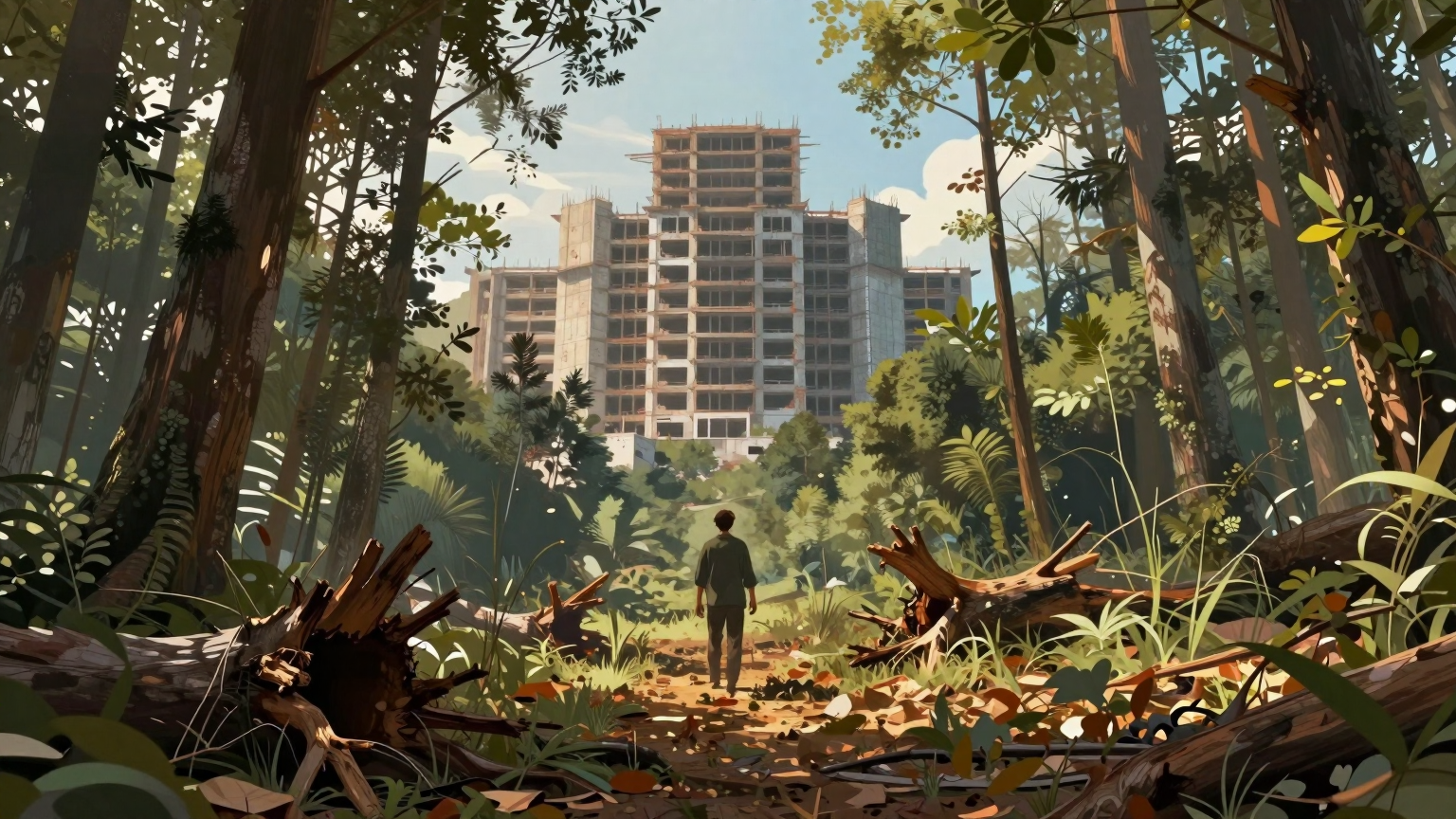 A lone figure clears a forested area, surrounded by uprooted trees and scattered leaves, with a grand, unfinished building looming on the horizon, symbolizing progress and the mystery of what lies ahead. (AI illustration)
