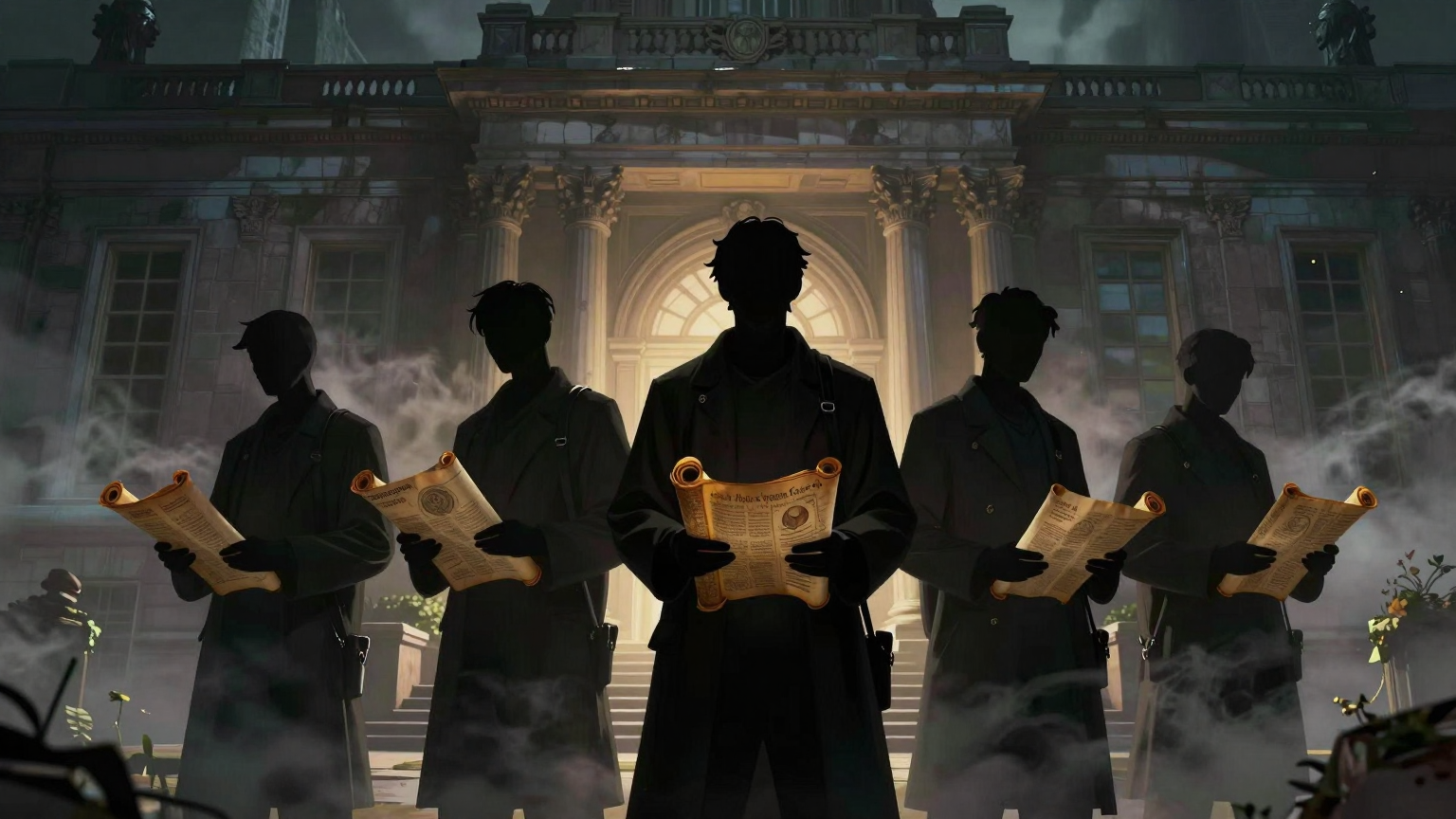 Five silhouetted figures stand resolute outside an imposing, shadowy academic building, their hands clutching ancient scrolls, surrounded by swirling mists of uncertainty and dispute. (AI illustration)