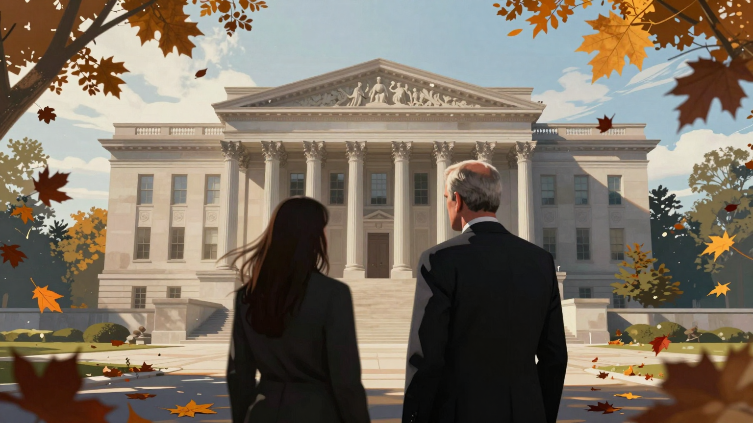Two shadowy figures stand before a looming courthouse, surrounded by swirling autumn leaves, symbolizing the political winds influencing their legal battle over the Hunter Biden laptop case. (AI illustration)