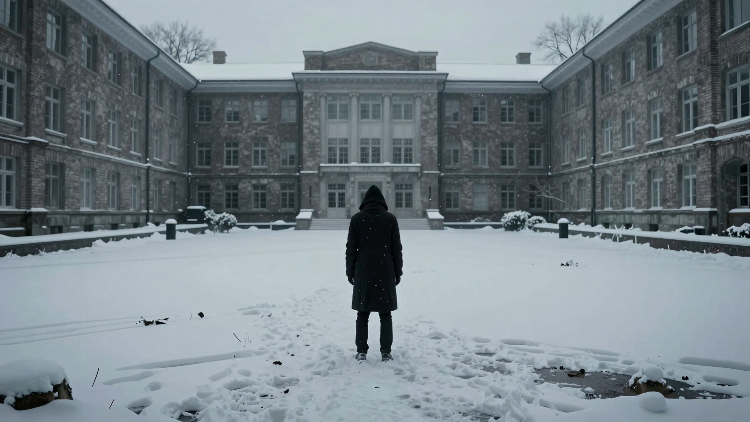 A shadowy figure stands alone in a desolate, snow-covered university courtyard, surrounded by empty, windowless buildings, symbolizing isolation and the end of a chapter. (AI illustration)