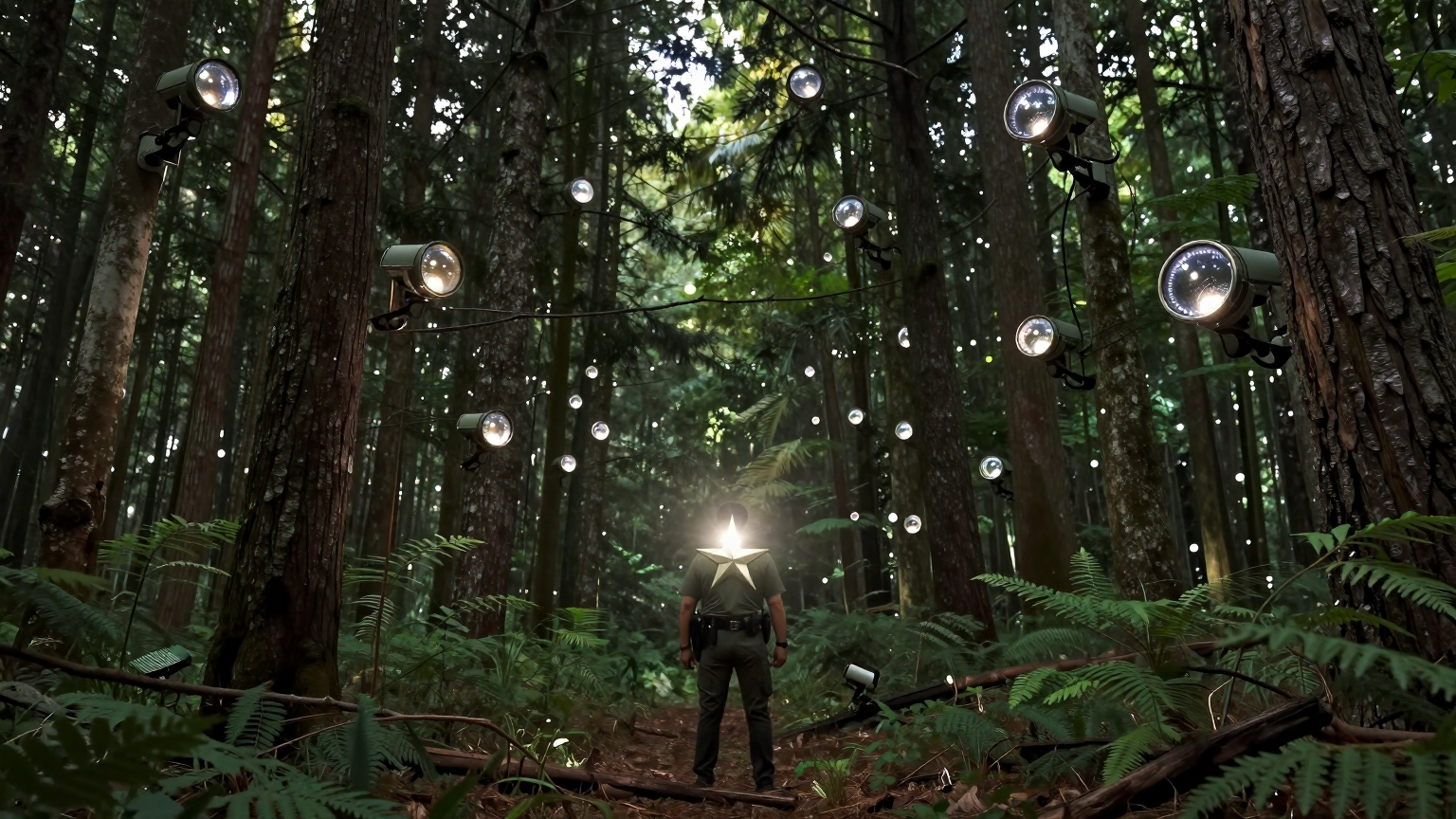 A lone sheriff's star casts a watchful glow over a sprawling forest, its light reflecting off numerous hidden lenses embedded within the trees, symbolizing surveillance and oversight in nature's embrace. (AI illustration)